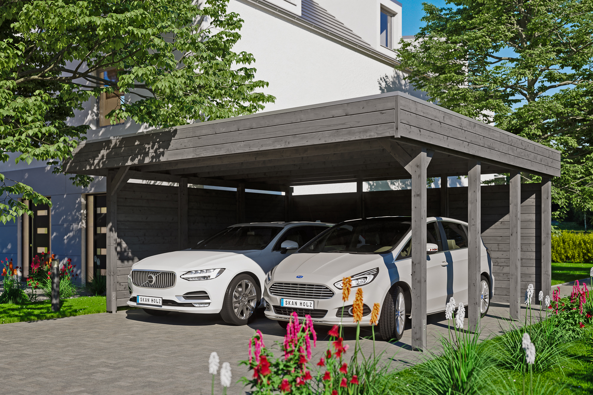 Ambientebild: Carport Friesland 557 x 555 cm, mit Seiten- und Rückwand, farblich behandelt in schiefergrau