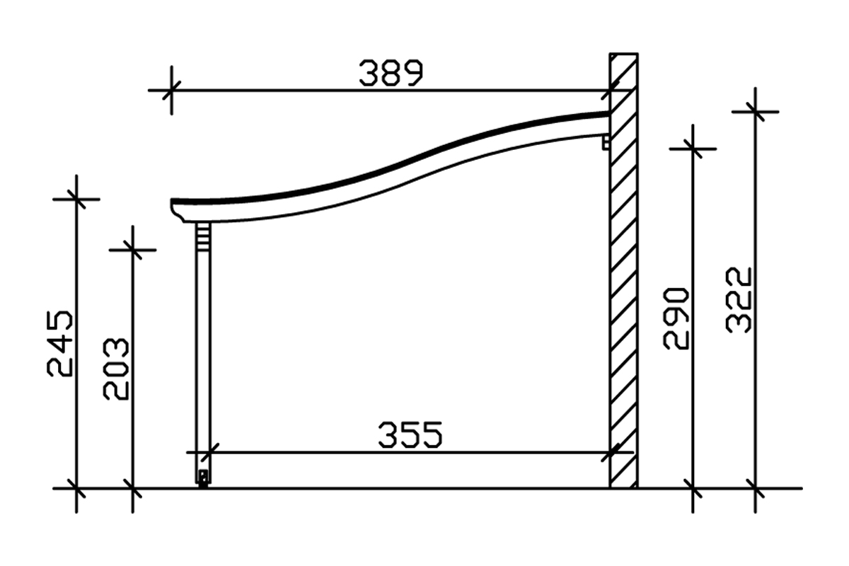 Grafik (Schnitt): Terrassenüberdachung Verona, Tiefe 389 cm
