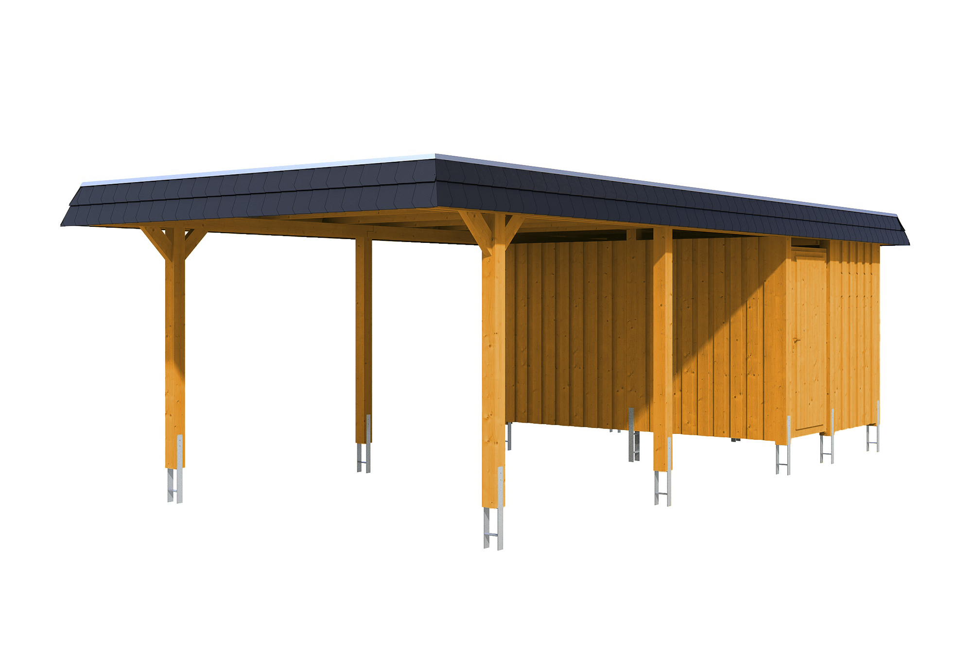 Produktbild: Carport Wendland 409 x 870 cm, mit Abstellraum, mit schwarzer Blende, farblich behandelt in eiche hell