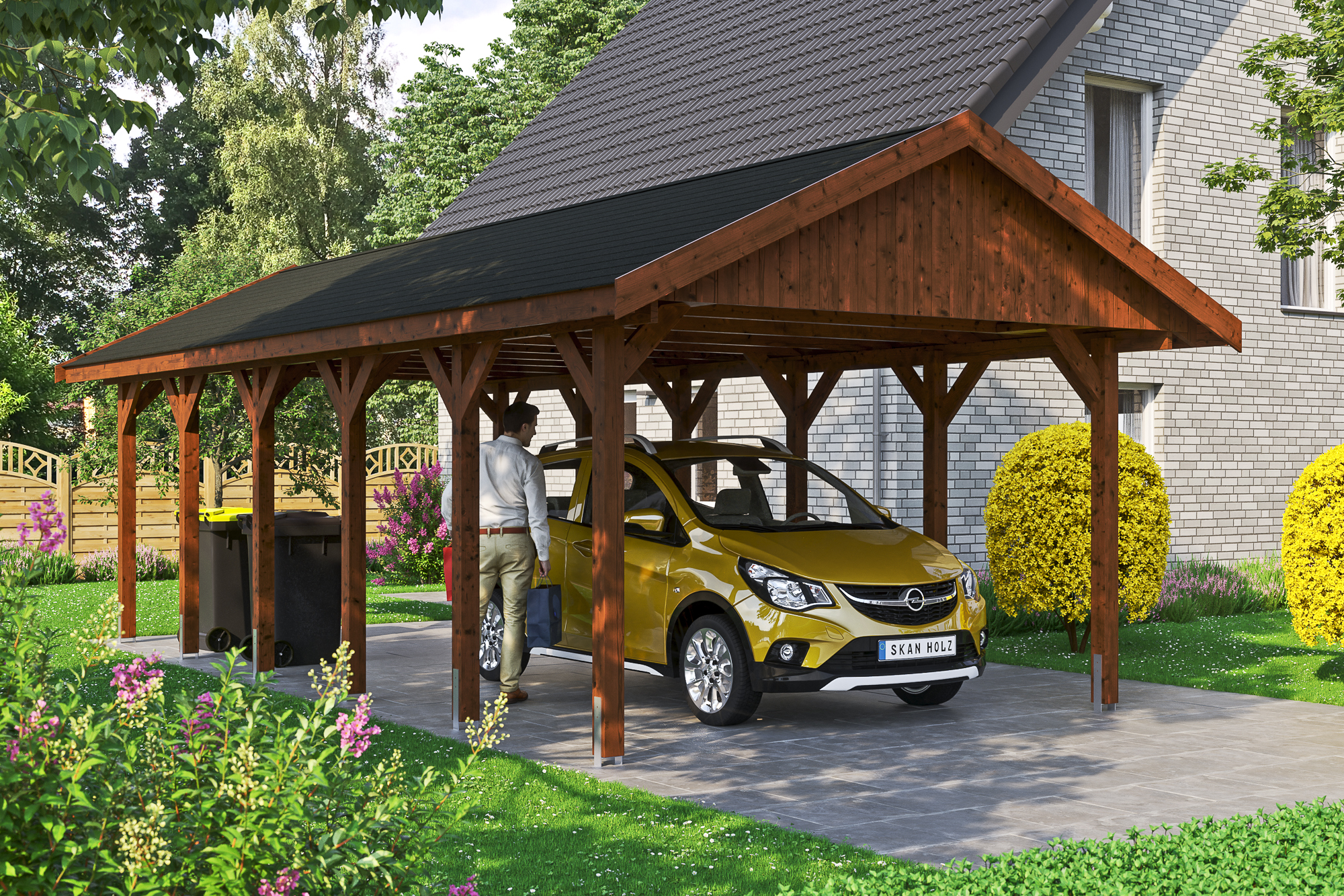 Ambientebild: Carport Wallgau 430 x 900 cm, mit schwarzen Dachschindeln, farblich behandelt in nussbaum