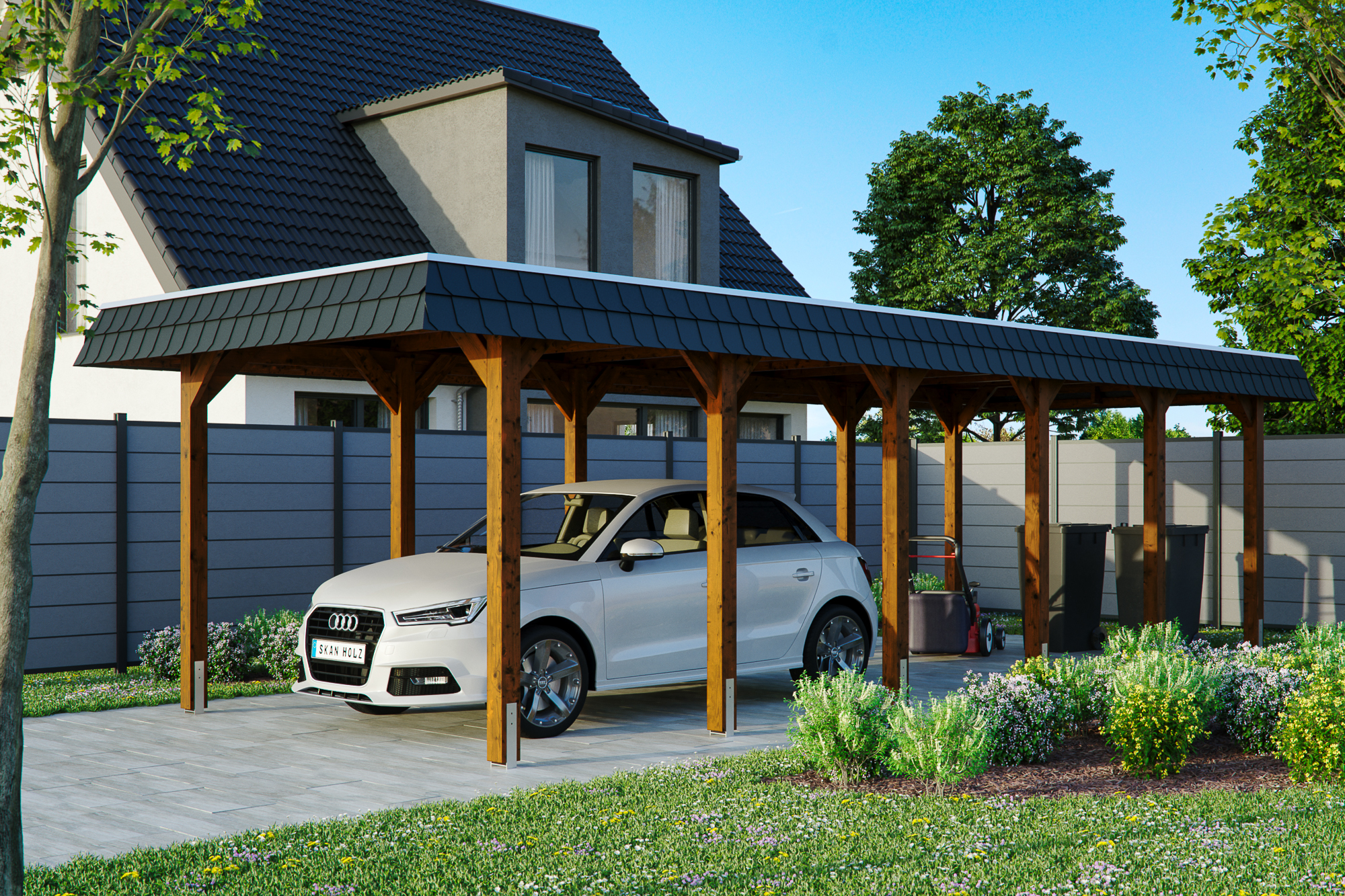Ambientebild: Carport Spreewald 345 x 893 cm mit schwarzer Blende, farblich behandelt in nussbaum