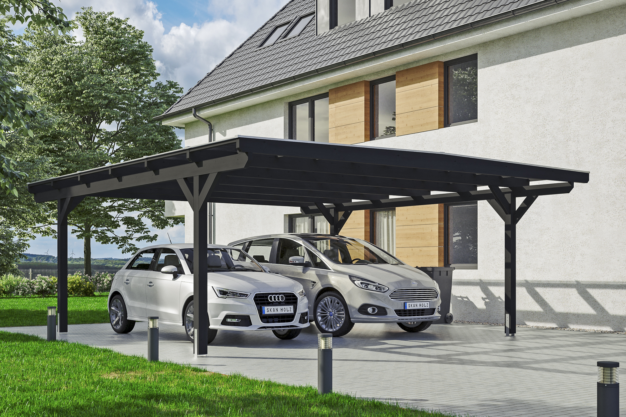 Ambientebild: Carport Odenwald 640 x 648 cm, farblich behandelt in anthrazit