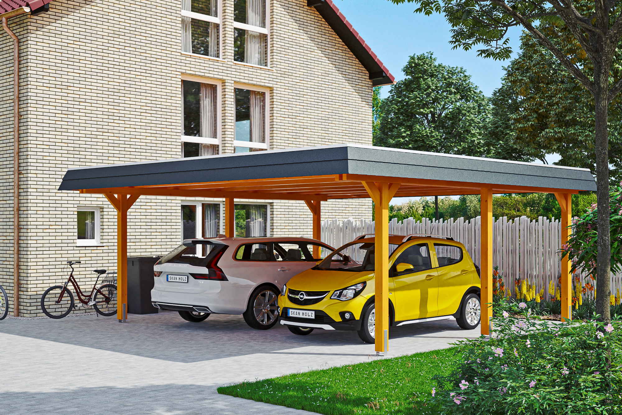 Ambientebild: Carport Wendland 630 x 637 cm, mit schwarzer Blende, farblich behandelt in eiche hell