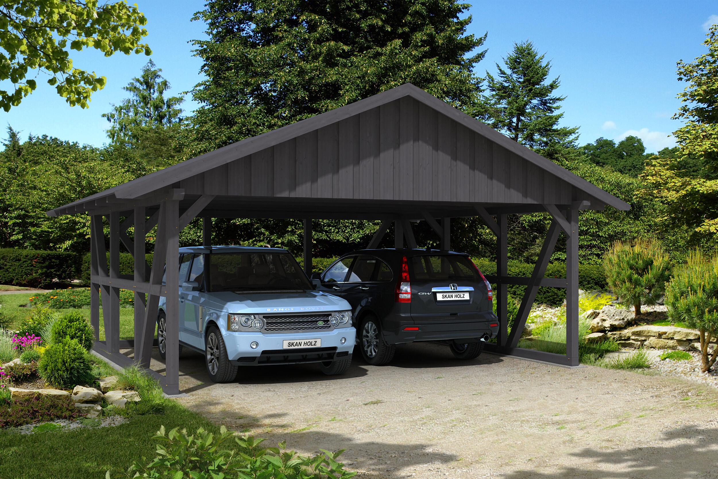 Carport Schwarzwald 684 x 600 cm mit Rückwand, schiefergrau, mit Dachschalung