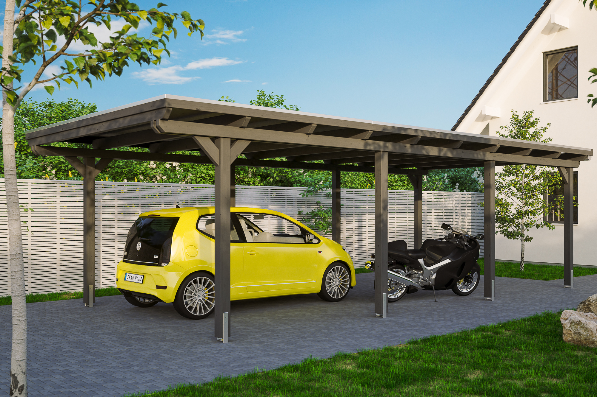 Ambientebild: Carport Emsland 404 x 846 cm, farblich behandelt in schiefergrau