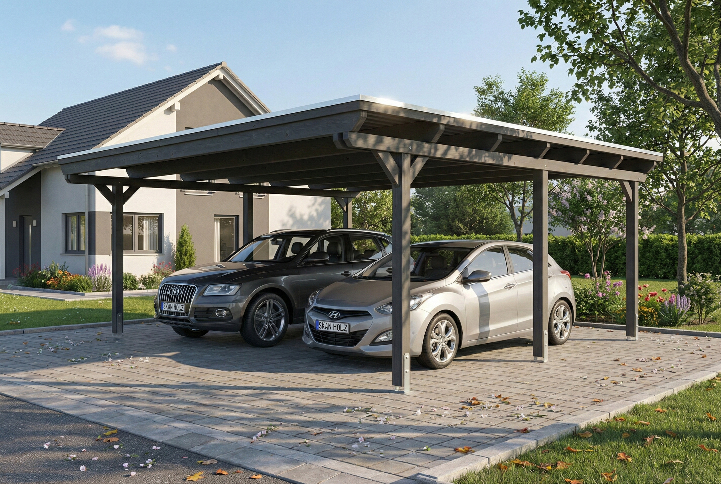 Carport Emsland 609 x 604 cm met EPDM dak, leigrijs