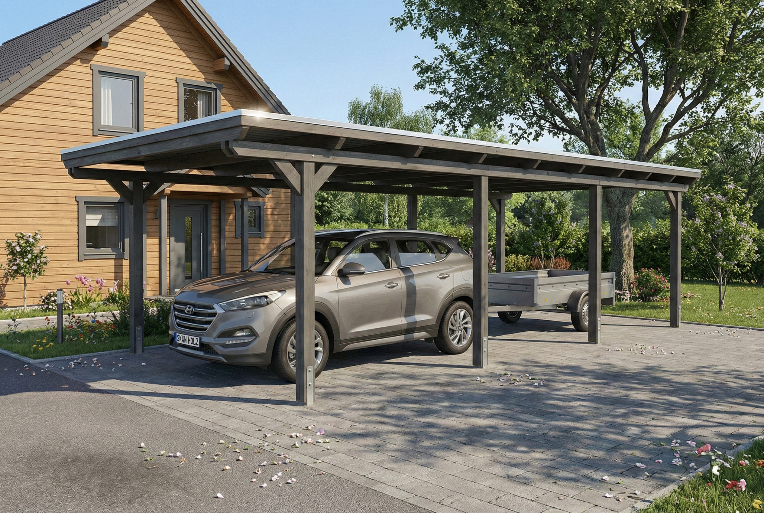 Carport Emsland 402 x 846 cm avec toit EPDM, gris ardoise