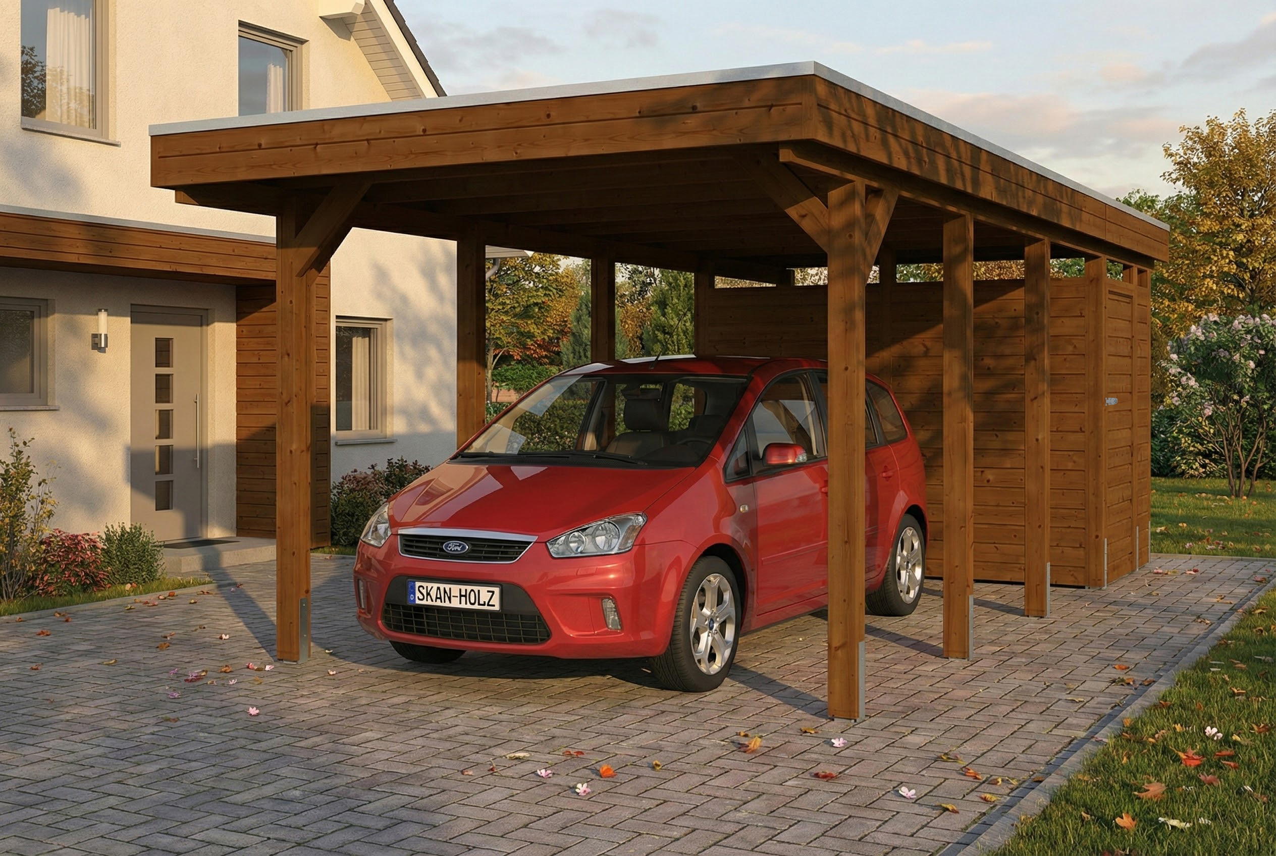 Carport Friesland Set B, 320 x 708 cm, mit Abstellraum, nussbaum