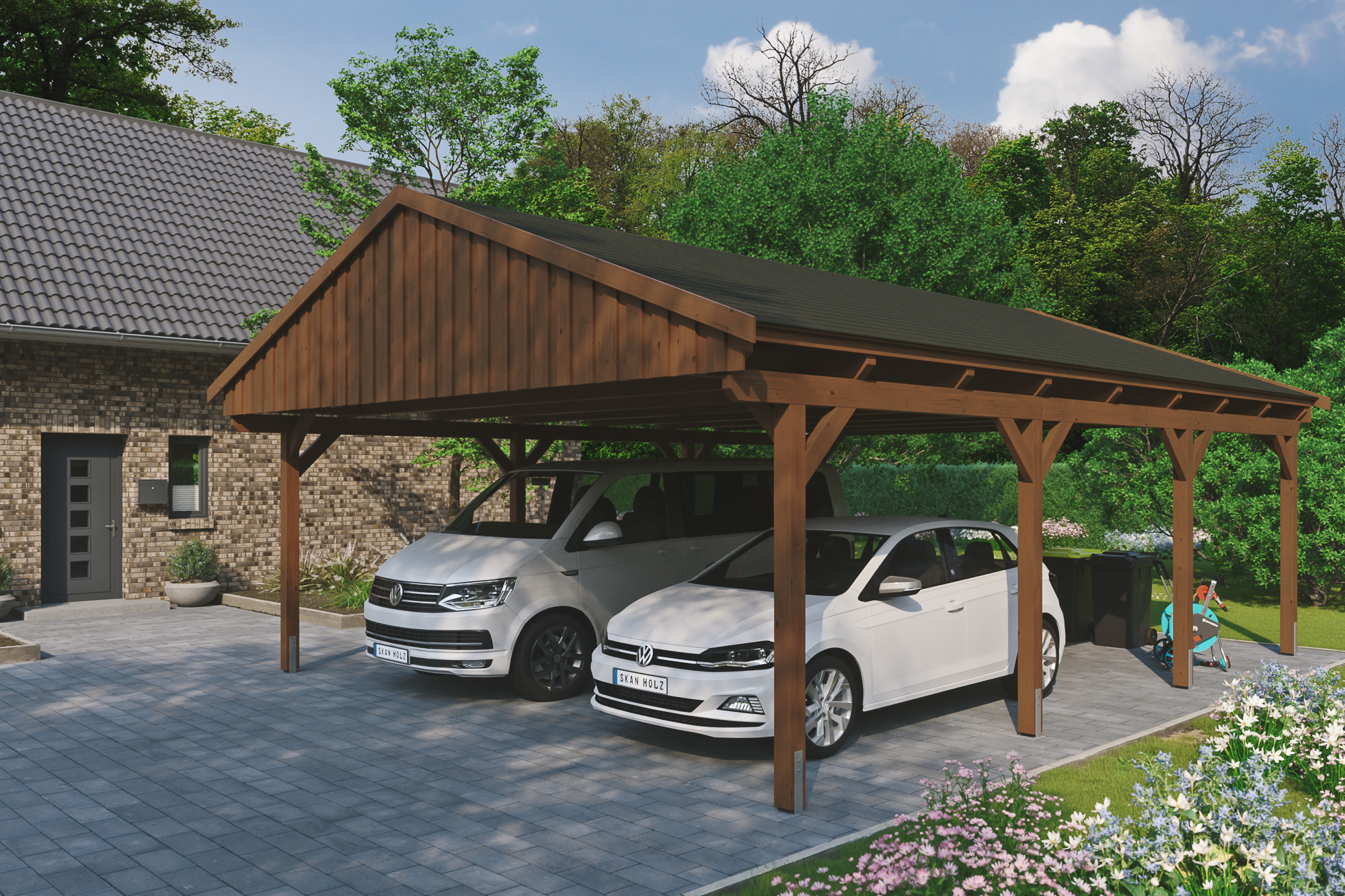Ambientebild: Carport Fichtelberg 618 x 808 cm, farblich behandelt in nussbaum, mit schwarzen Dachschindeln