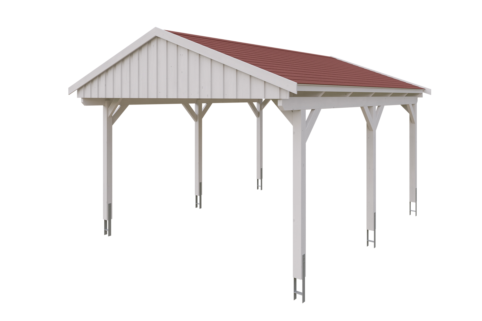 Produktbild: Carport Fichtelberg 423 x 566 cm, farblich behandelt in weiß, mit roten Dachschindeln