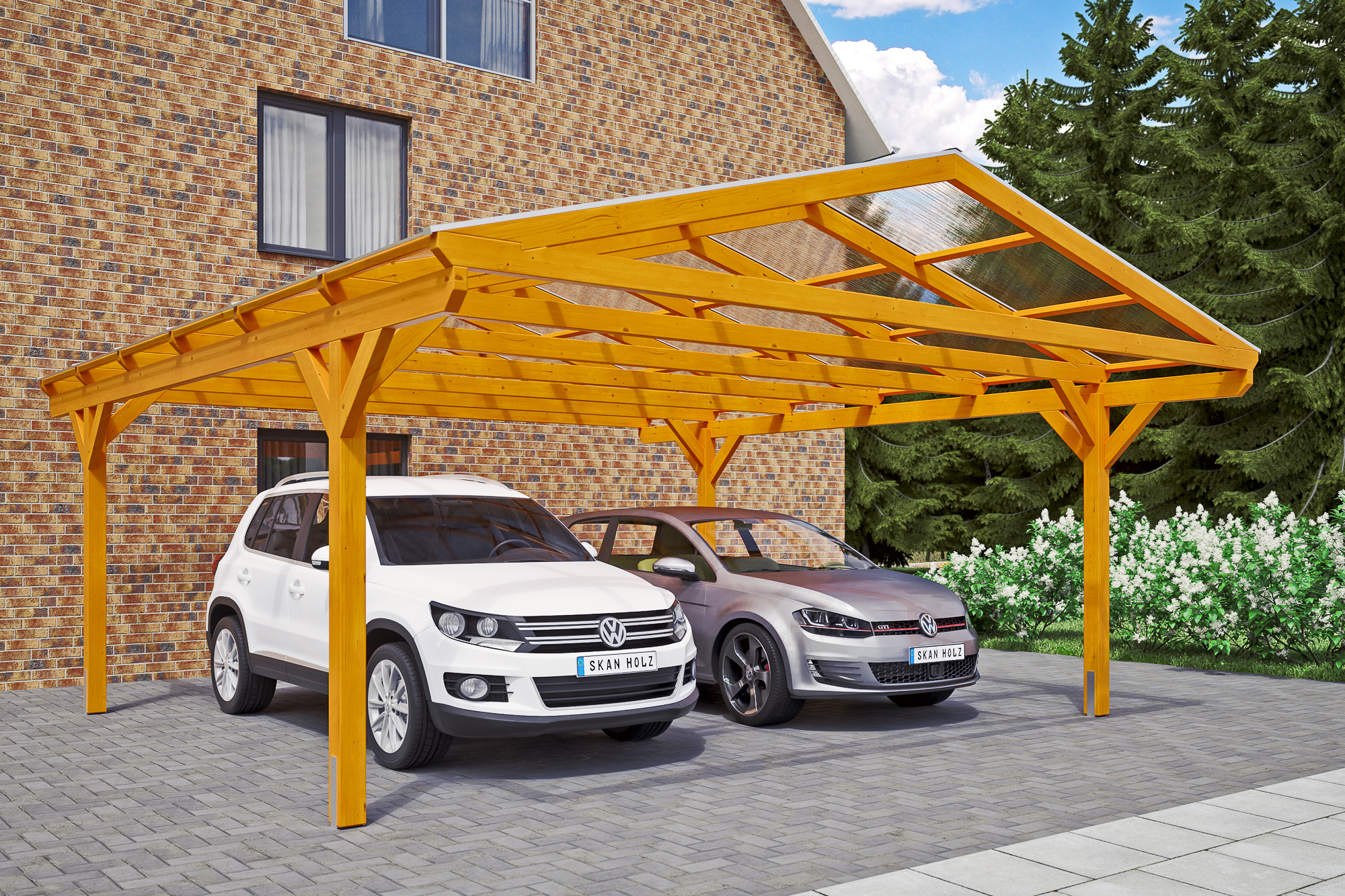 Carport Westerwald 570 x 648 cm, gelakt in licht eiken, met polycarbonaatplaten
