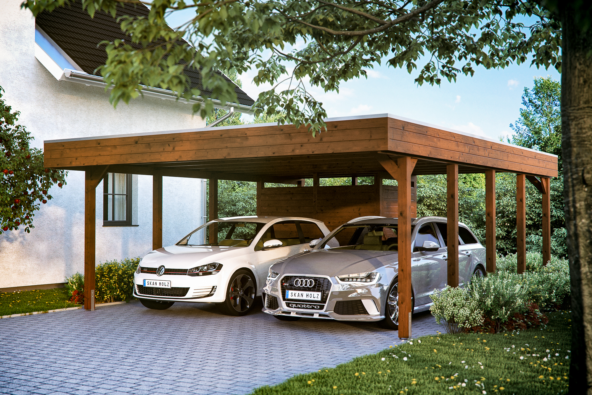 Ambientebild: Carport Friesland 557 x 708 cm, mit Abstellraum, farblich behandelt in nussbaum