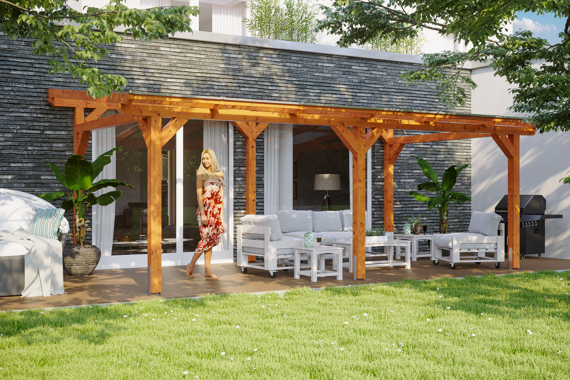 Terrace roof Siena 648 x 300 cm, glulam, colour pre-treated light oak