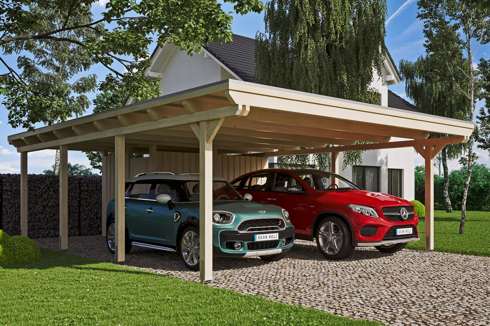 Carport EMSLAND 613x846cm ave remise, avec panneaux de toit en aluminium, bois lamellé-collé, non traité