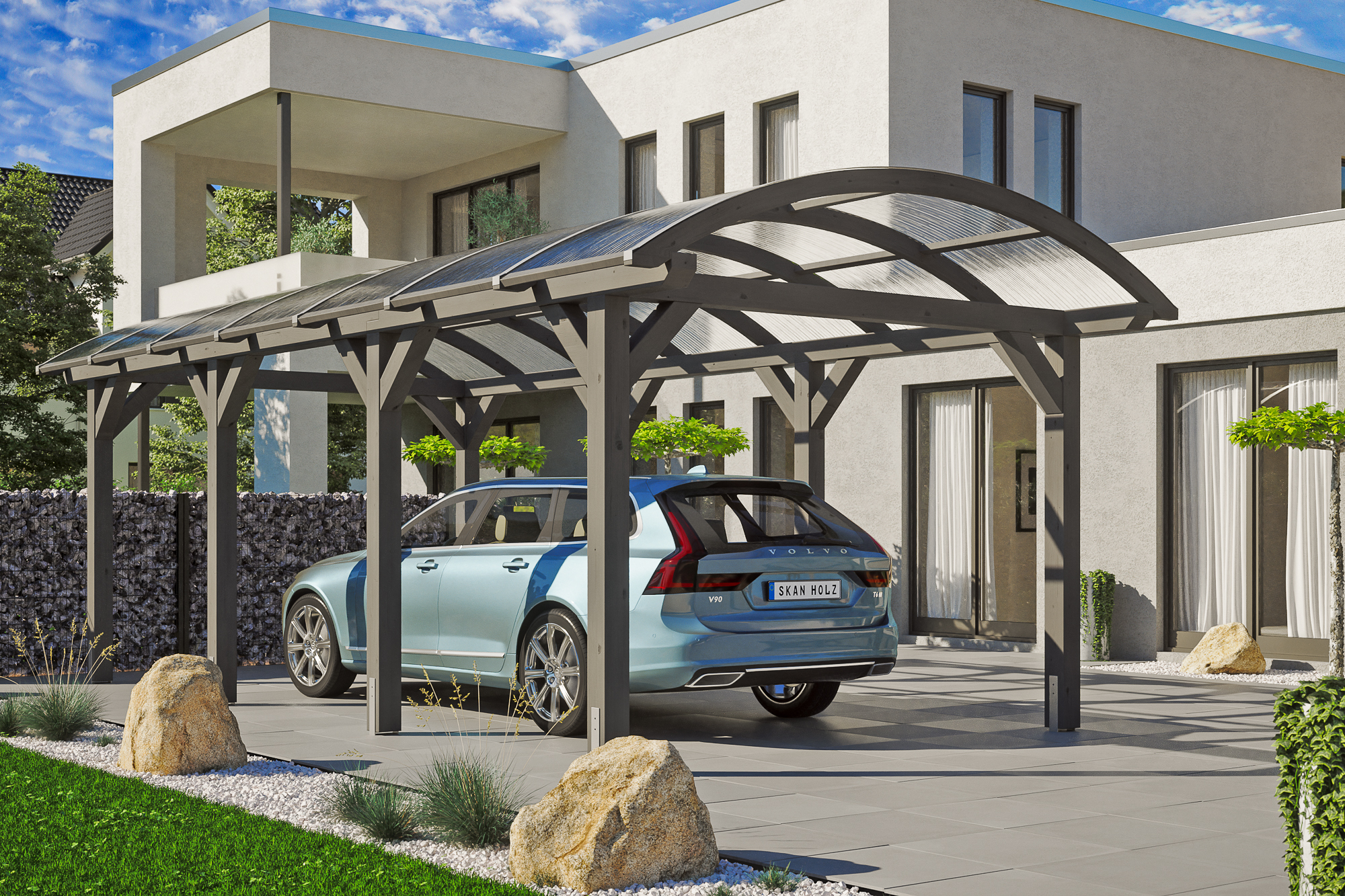 Ambientebild: Carport Franken 376 x 755 cm, farblich behandelt in schiefergrau