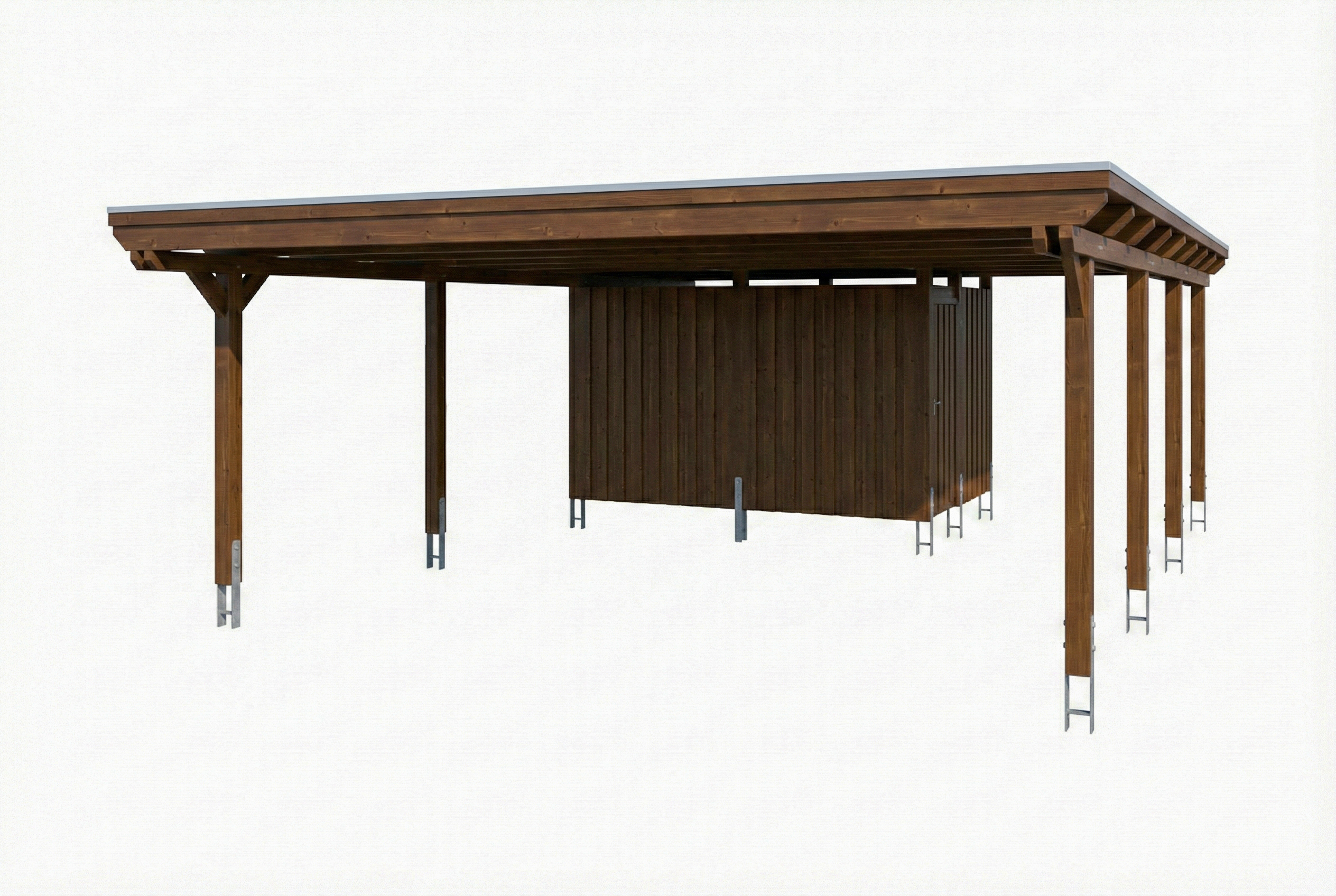 Carport Emsland 609 x 846 cm, Stahl-Dachplatten mit Antikondensvlies, mit Abstellraum, nussbaum