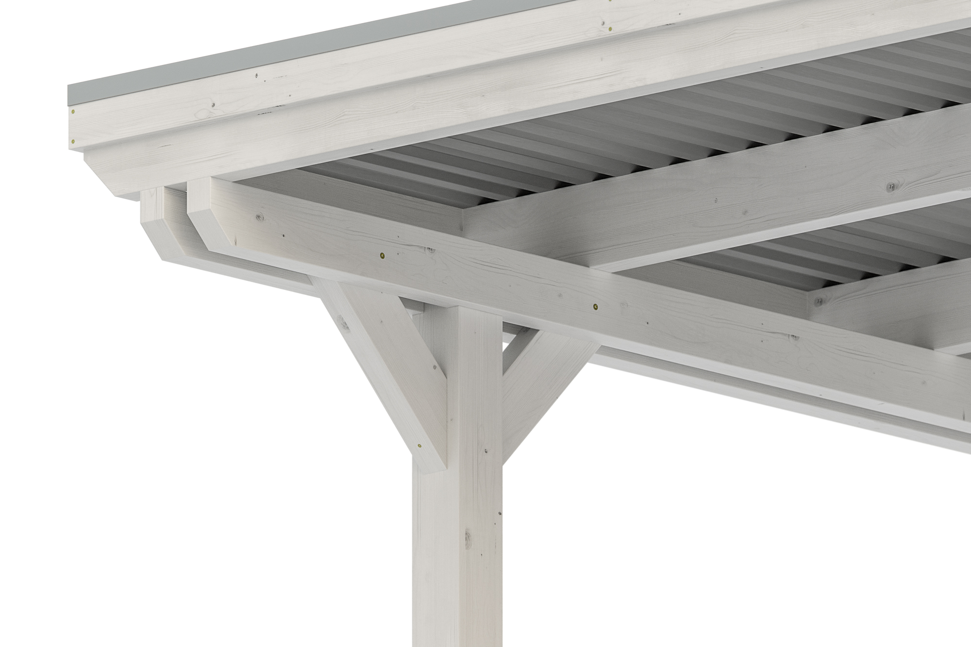 Detailbild: Konstruktion beim Carport Emsland von unten (Pfosten, Doppelpfette, Dachplatten und Blende mit Aluminiumabschlusskante), farblich behandelt in weiß