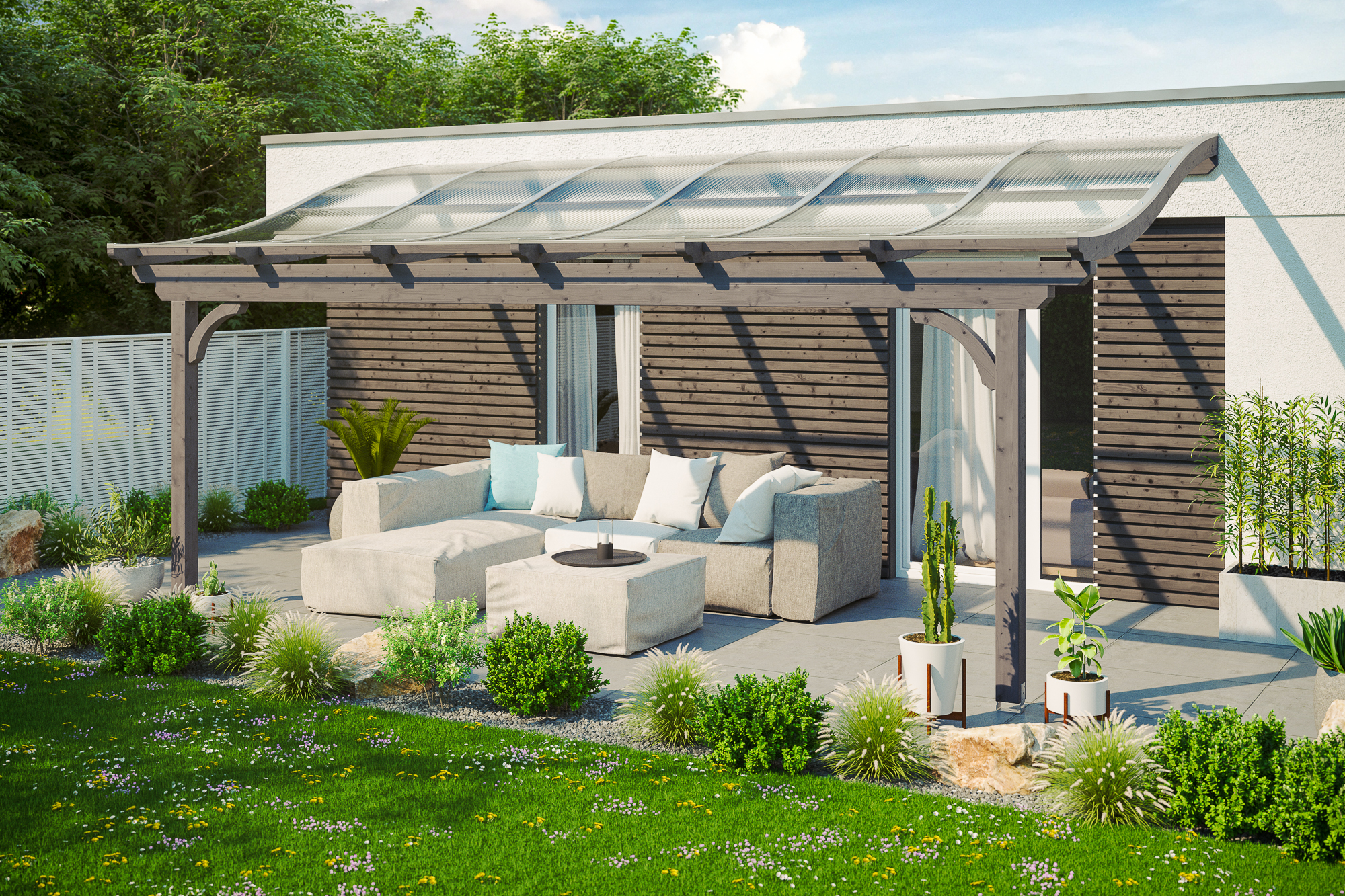 Ambientebild: Terrassenüberdachung Verona, Breite 648 cm, farblich behandelt in schiefergrau