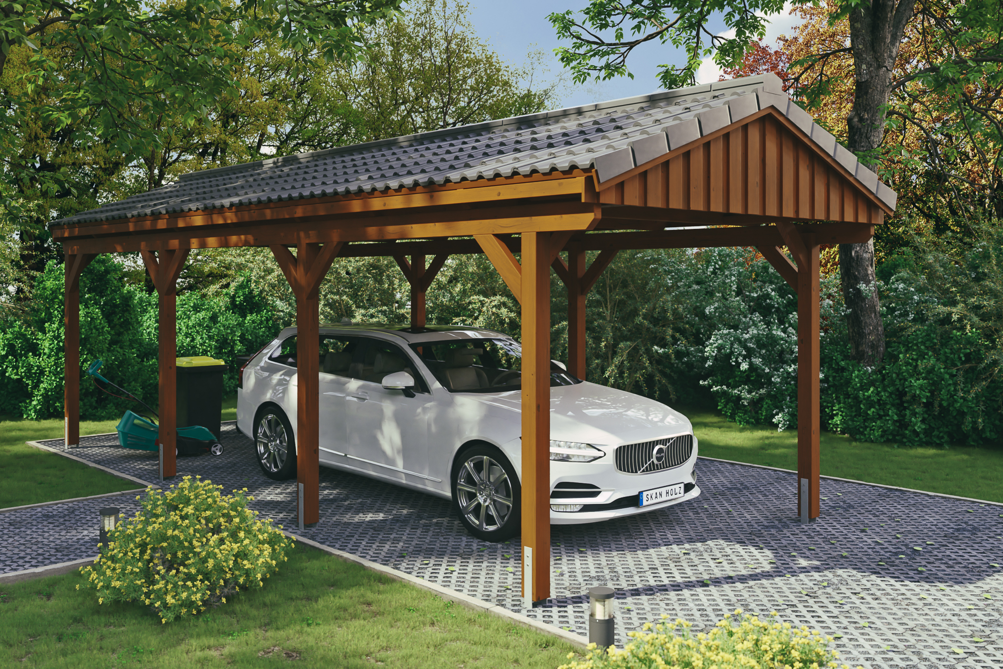 Ambientebild: Carport Fichtelberg 317 x 808 cm, farblich behandelt in nussbaum, mit Dachziegeln