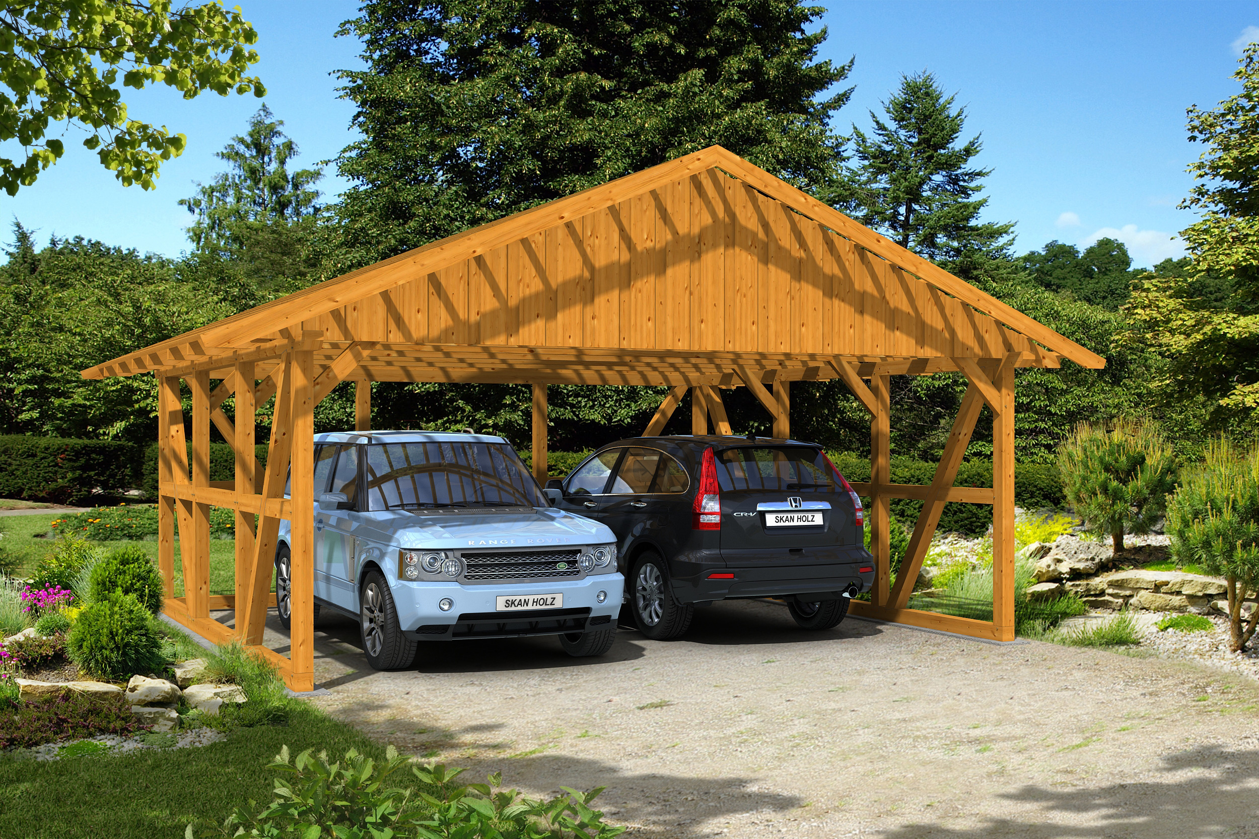 Carport SCHWARZWALD 684x600cm avec paroi arriere, lattis, KVH-bois d'épinette, traitement coloré chêne clair
