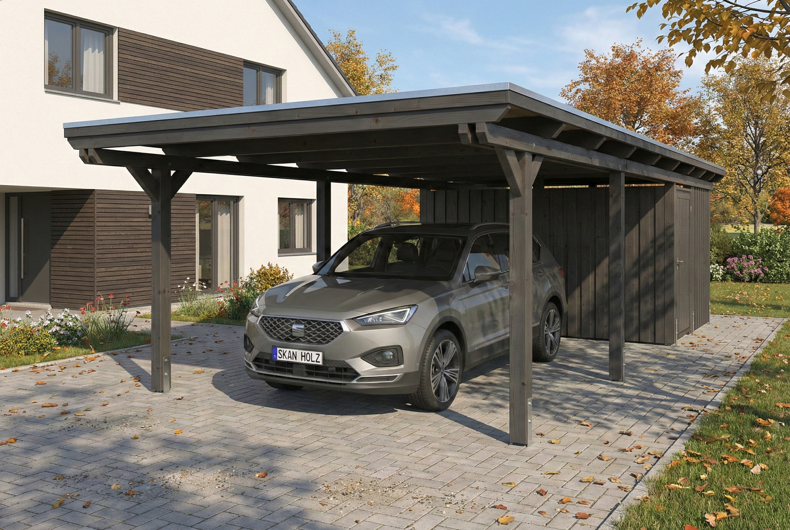 Carport Emsland 402 x 846 cm mit EPDM-Dach, mit Abstellraum, anthrazit
