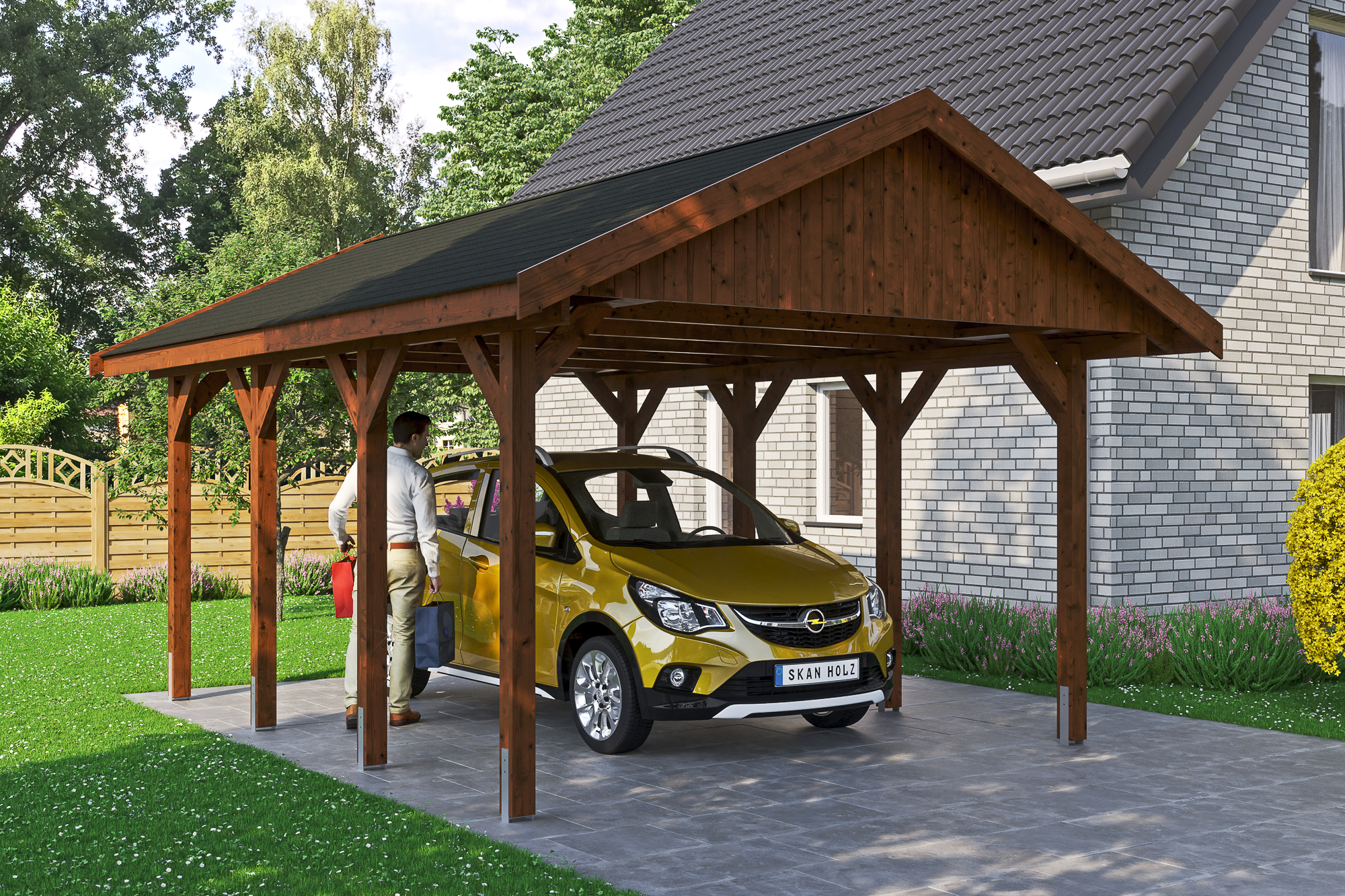 Ambientebild: Carport Wallgau 430 x 600 cm, mit schwarzen Dachschindeln, farblich behandelt in nussbaum