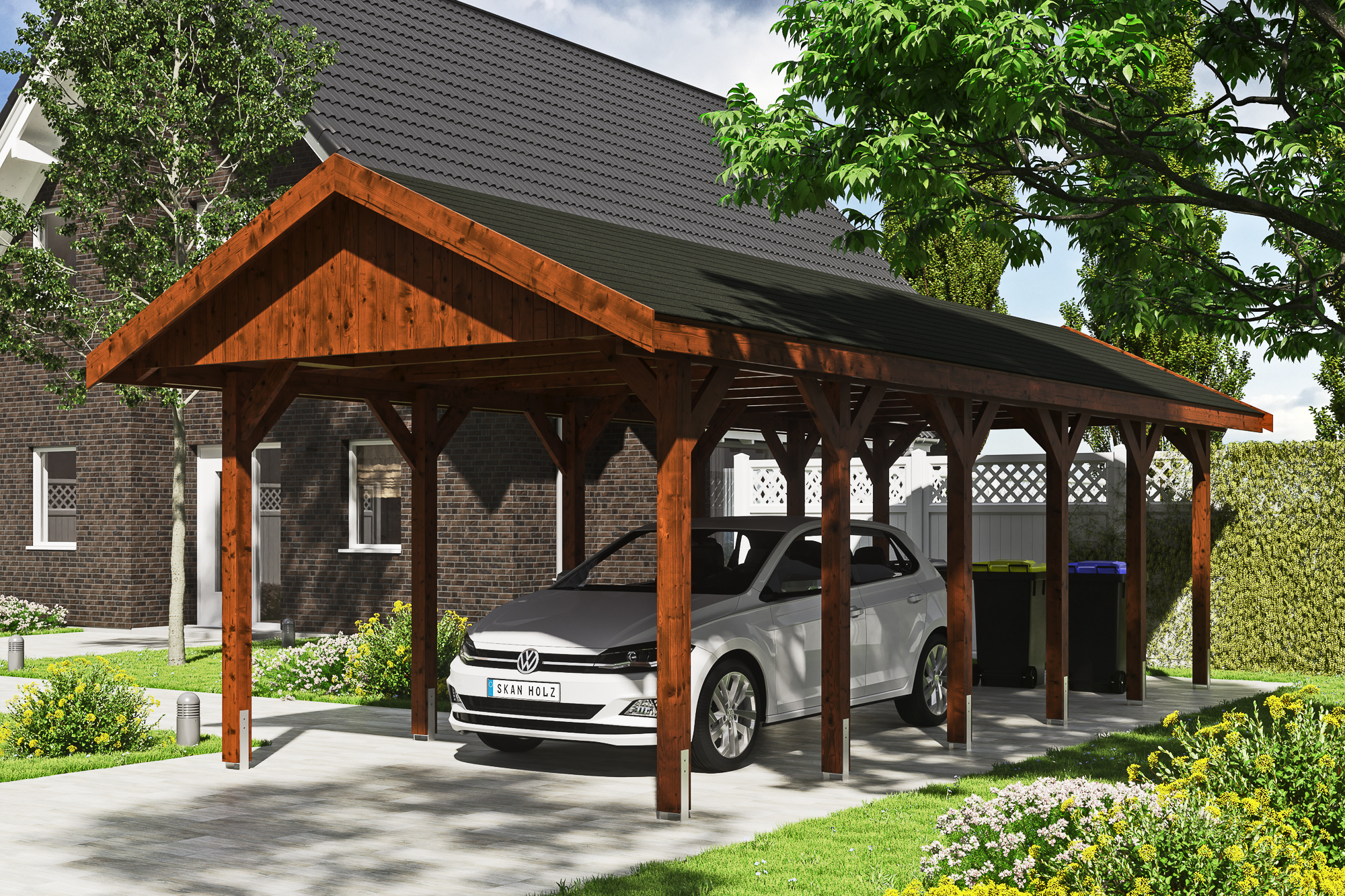 Ambientebild: Carport Wallgau 380 x 900 cm, mit schwarzen Dachschindeln, farblich behandelt in nussbaum