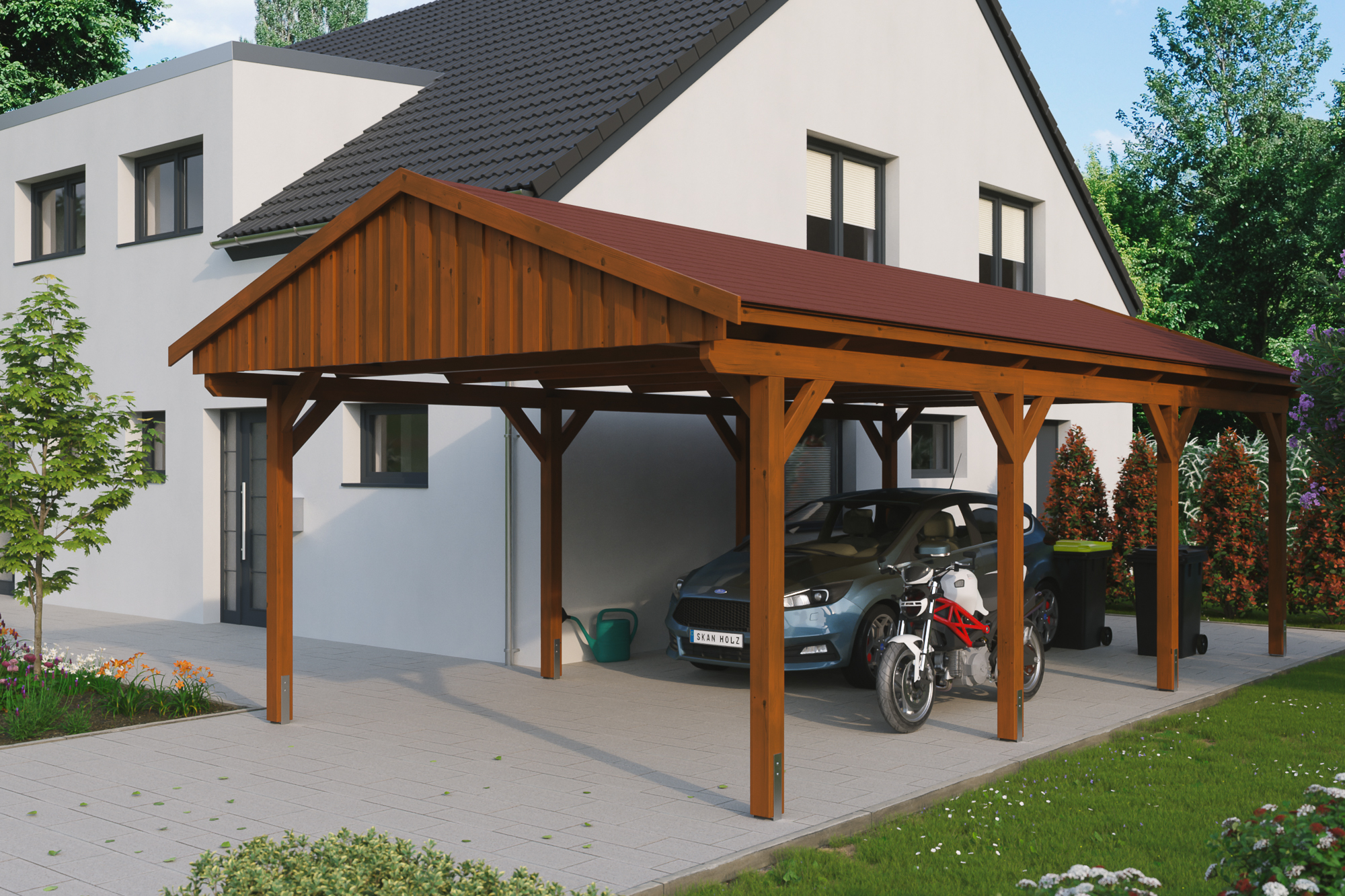 Ambientebild: Carport Fichtelberg 423 x 808 cm, farblich behandelt in nussbaum, mit roten Dachschindeln