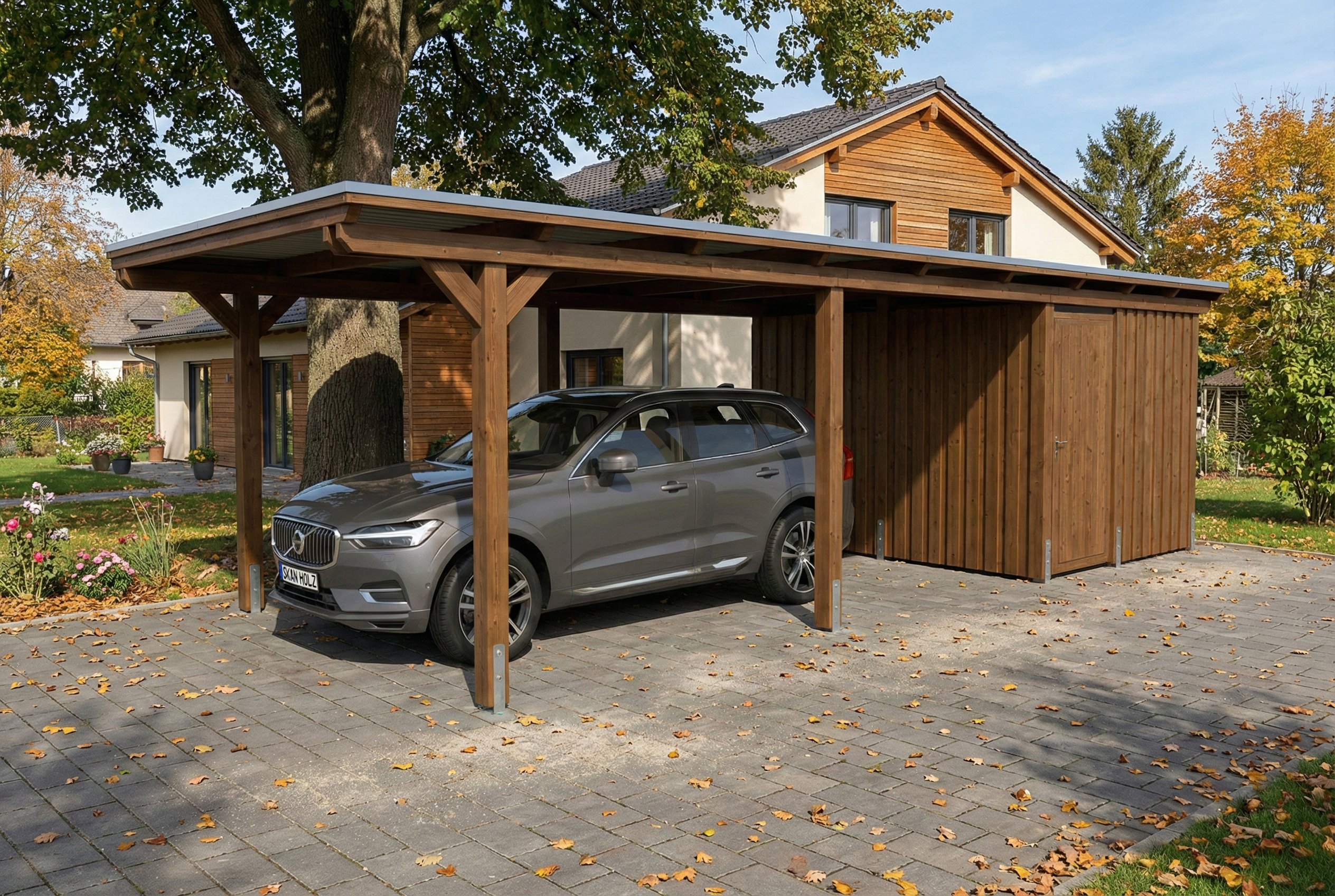 Carport Emsland 340 x 846 cm, panneaux de toit en acier avec non-tissé anti-condensation, avec remise, noyer