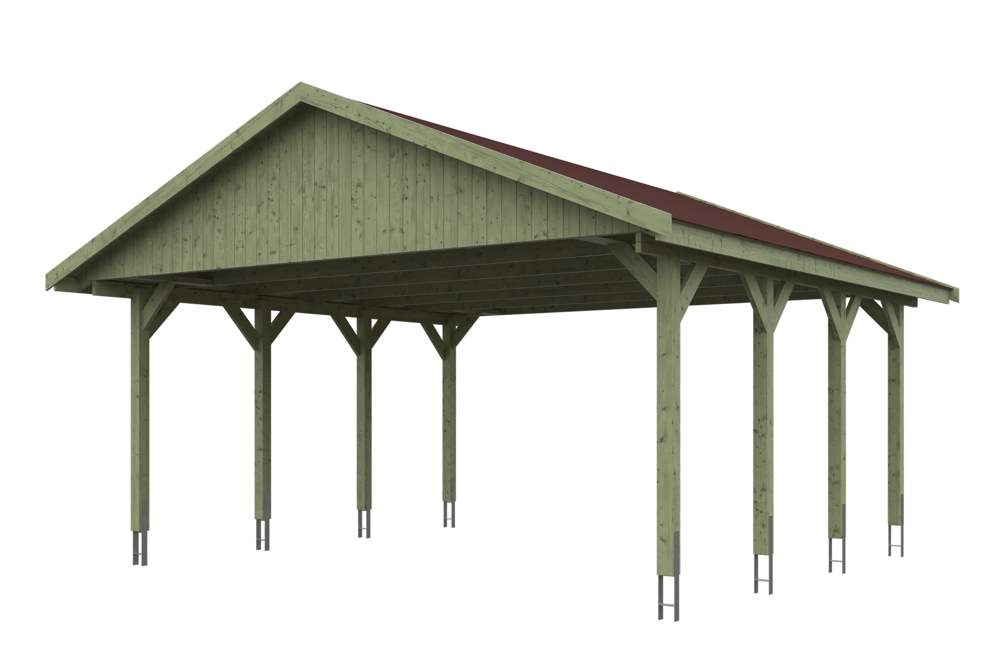 Produktbild: Carport Wallgau 620 x 600 cm, mit roten Dachschindeln, grün imprägniert