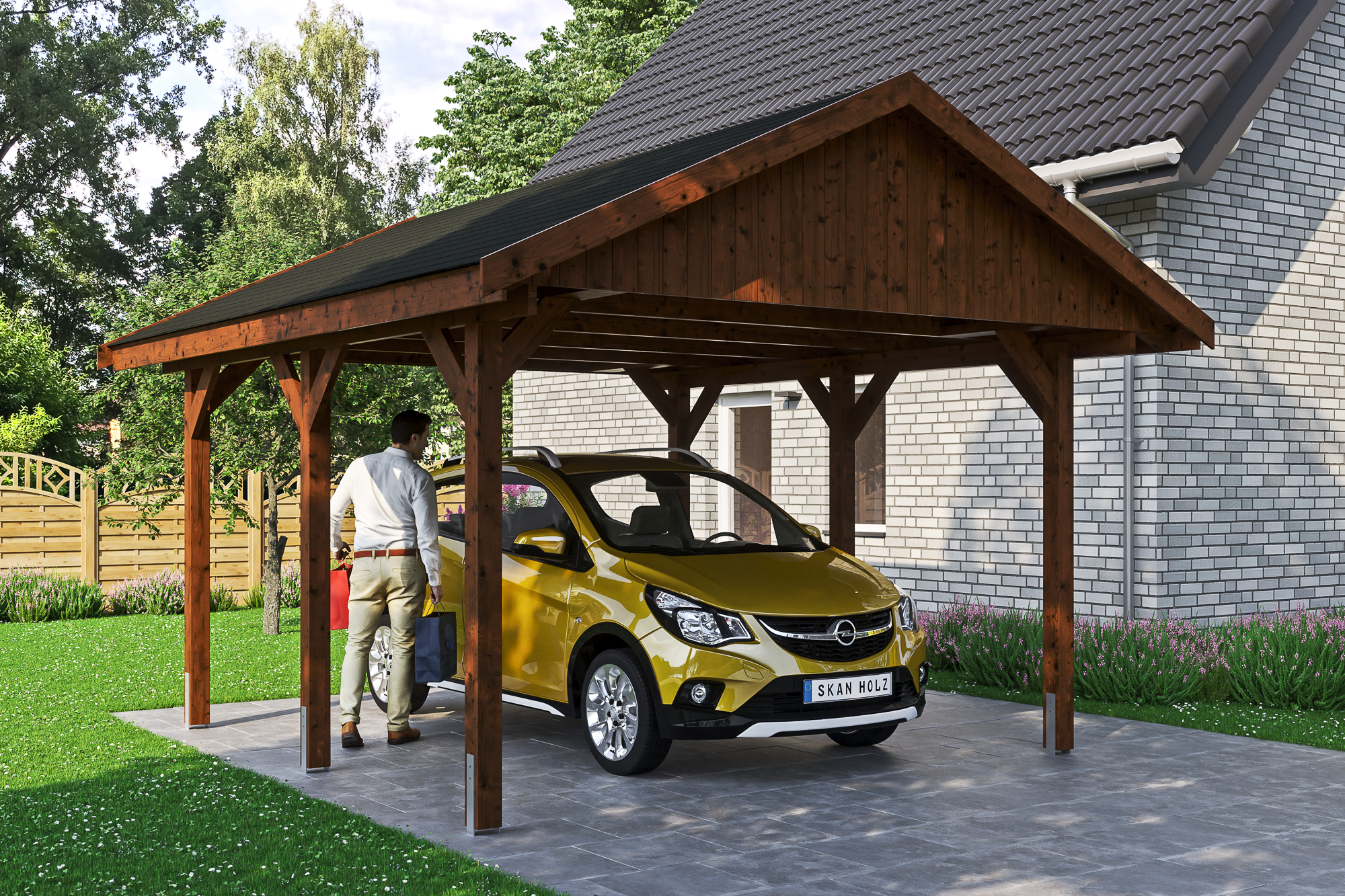 Ambientebild: Carport Wallgau 430 x 500 cm, mit schwarzen Dachschindeln, farblich behandelt in nussbaum