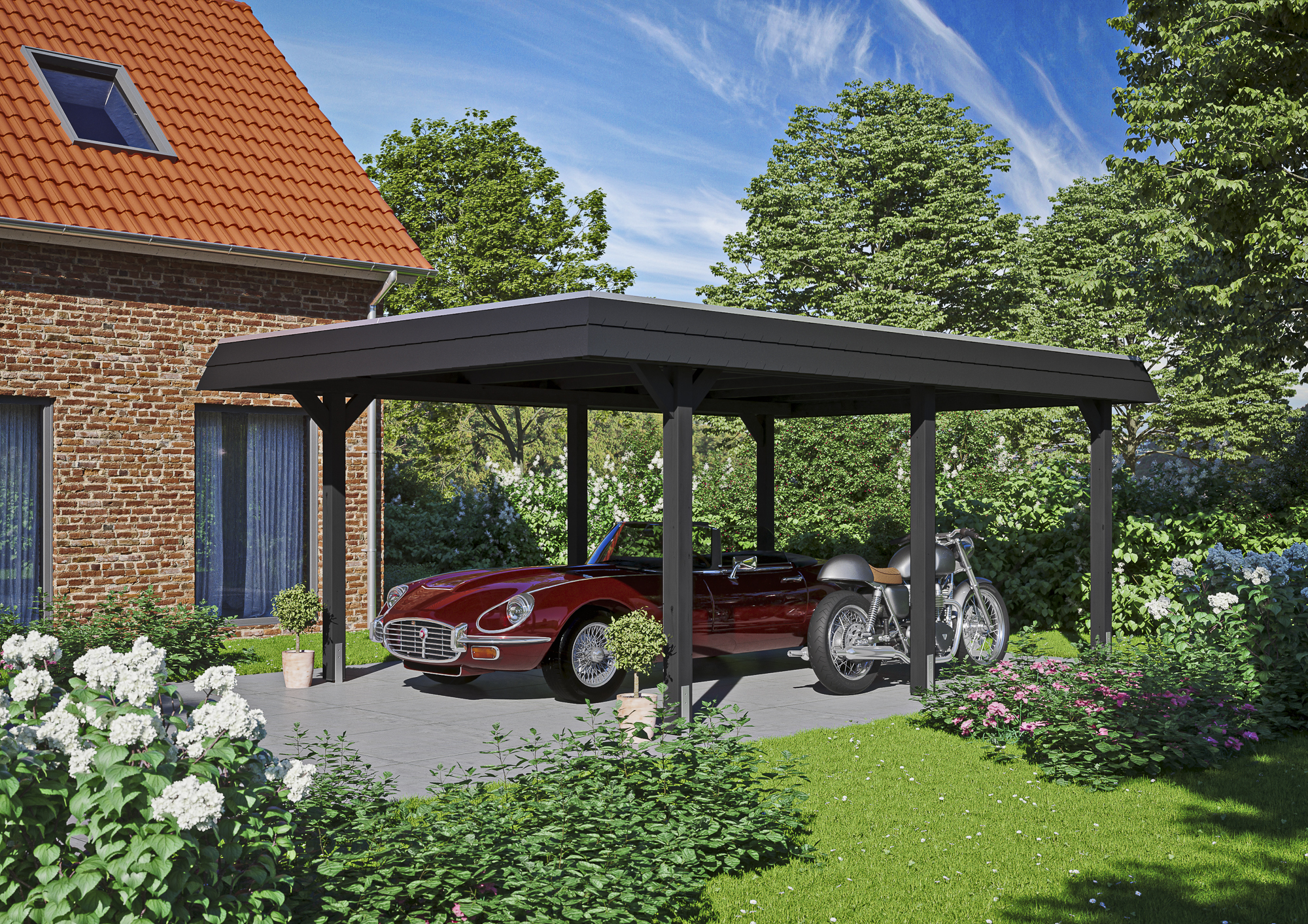 Ambientebild: Carport Wendland 409 x 628 cm, mit schwarzer Blende, farblich behandelt in anthrazit