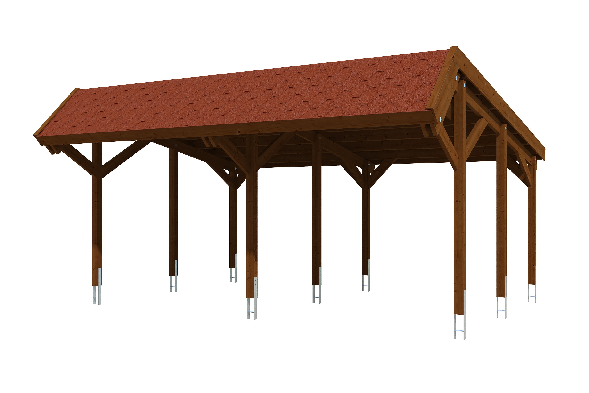 Produktbild: Carport Harz 624 x 560 cm, farblich behandelt in nussbaum, mit roten Dachschindeln
