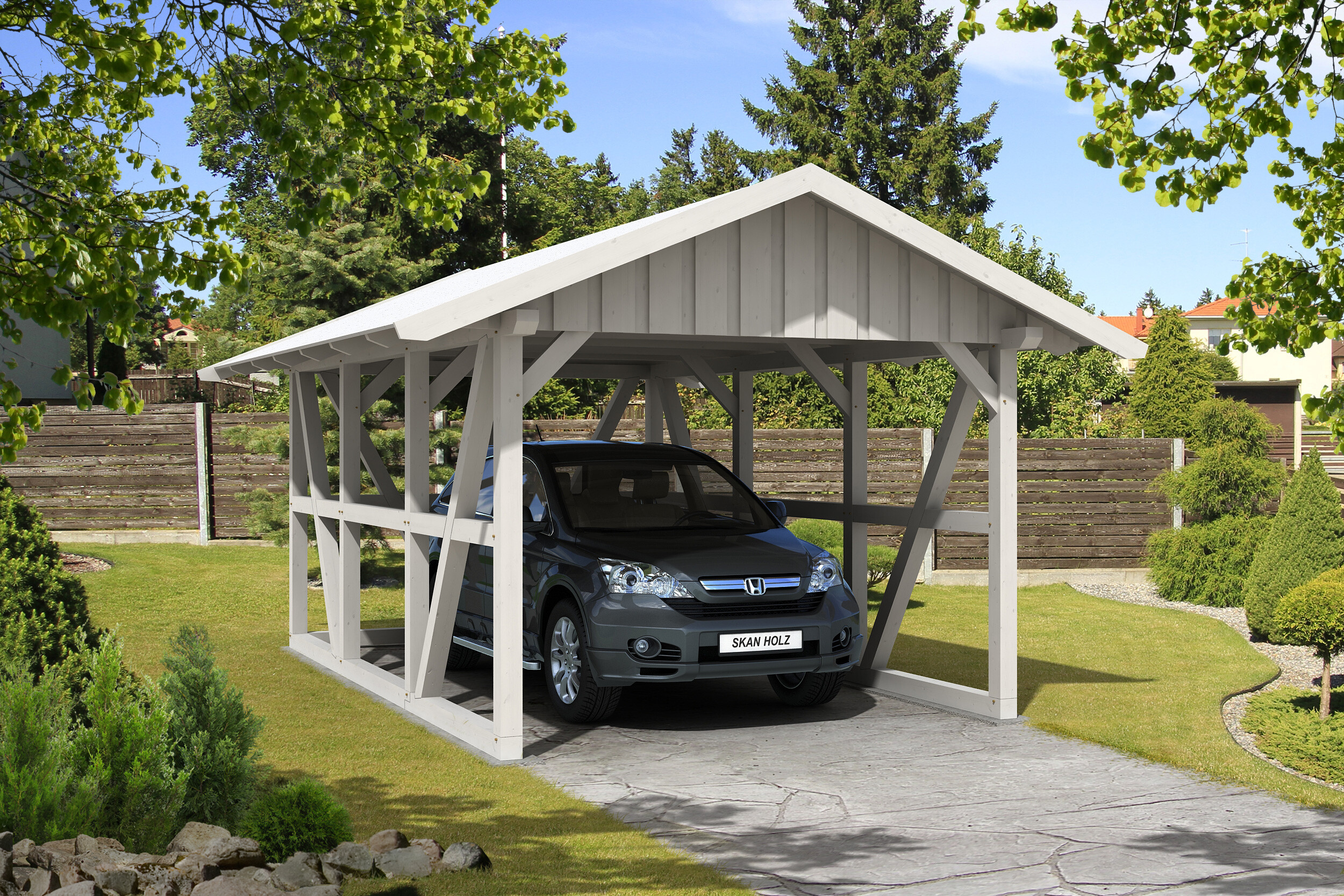 Carport Schwarzwald 424 x 600 cm mit Rückwand, weiß, mit Dachschalung