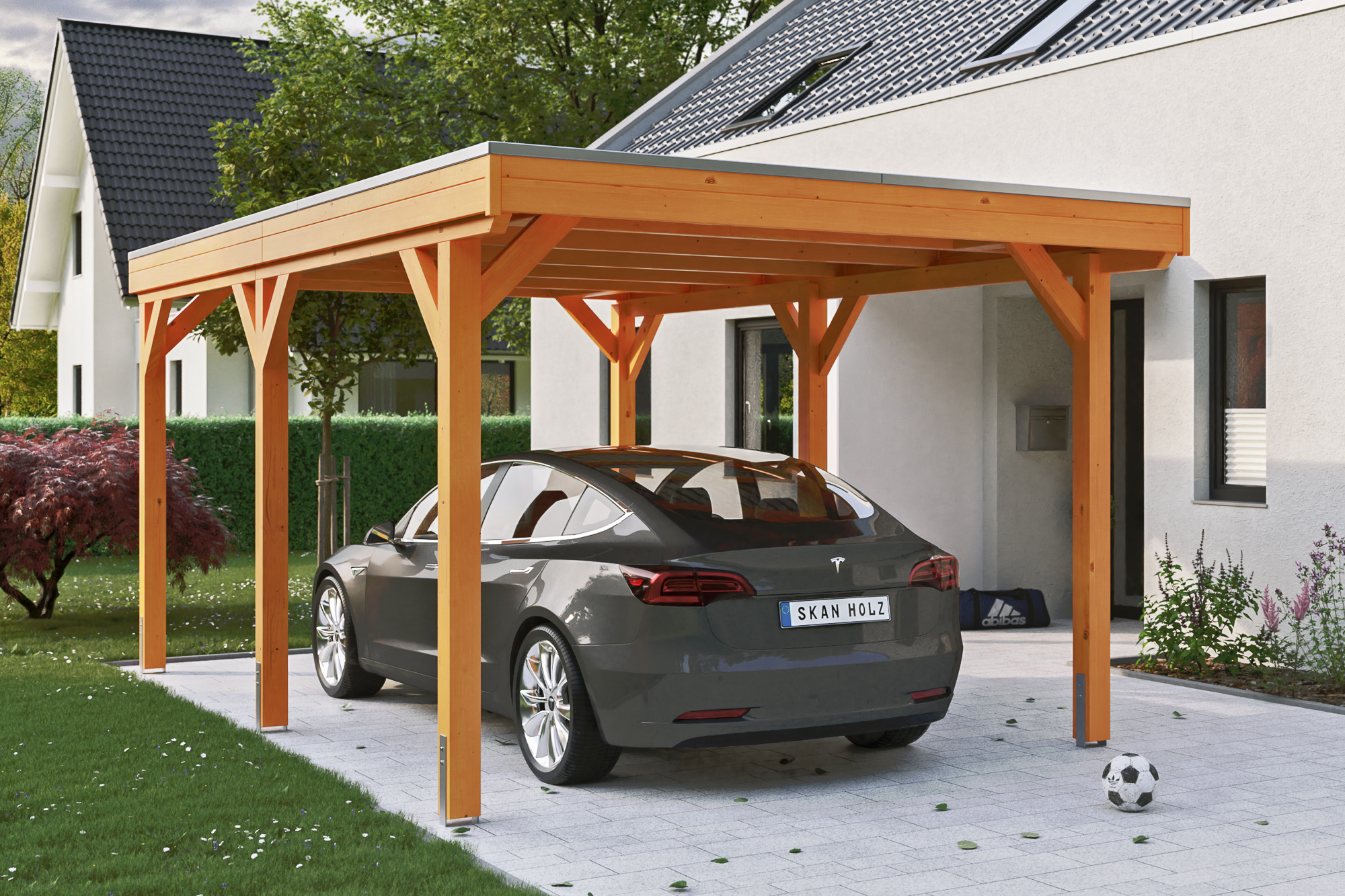 Ambientebild: Carport Grunewald 321 x 554 cm, farblich behandelt in eiche hell