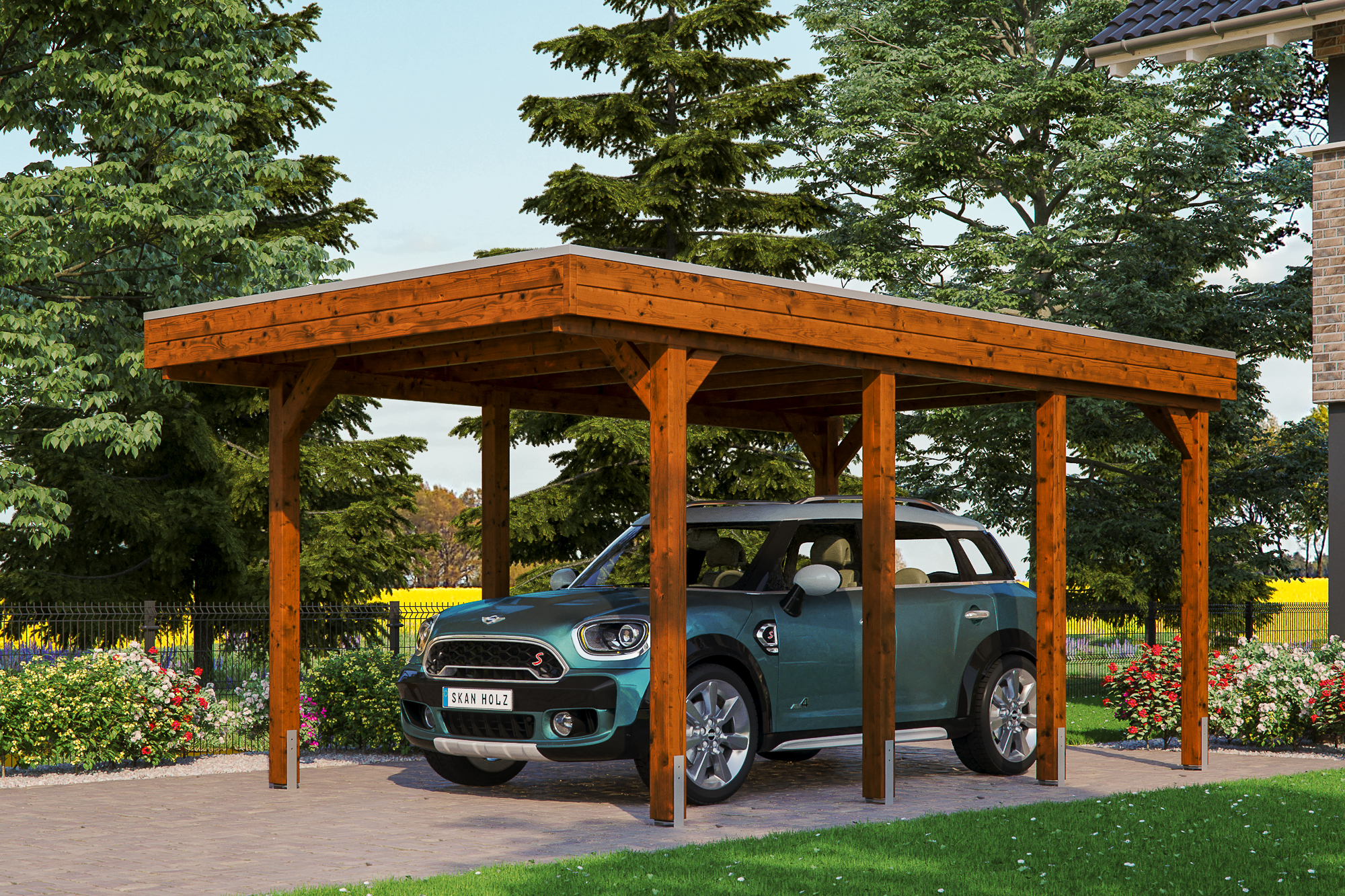 Ambientebild: Carport Friesland 314 x 555 cm, farblich behandelt in nussbaum