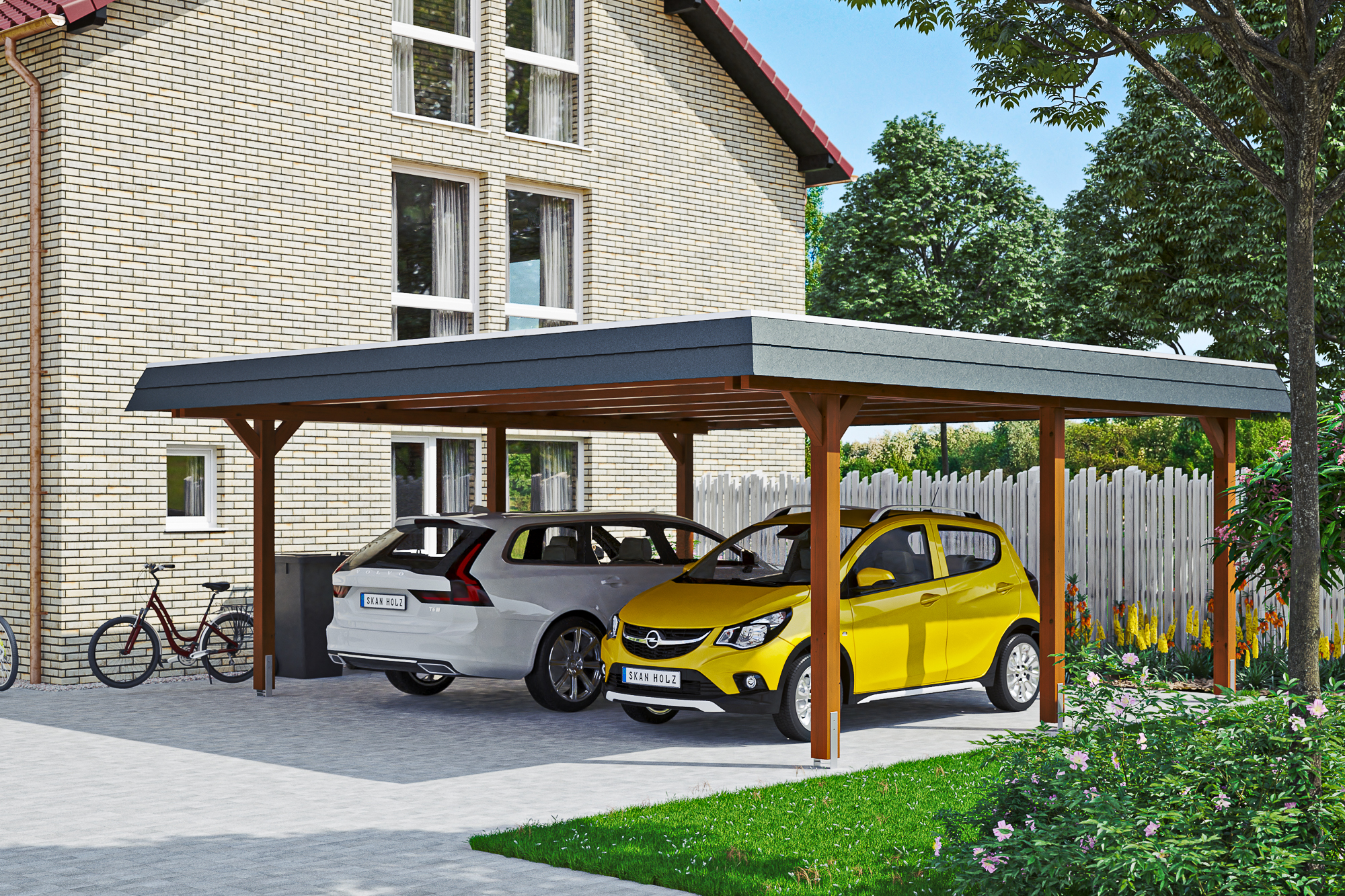 Ambientebild: Carport Wendland 630 x 637 cm, mit schwarzer Blende, farblich behandelt in nussbaum