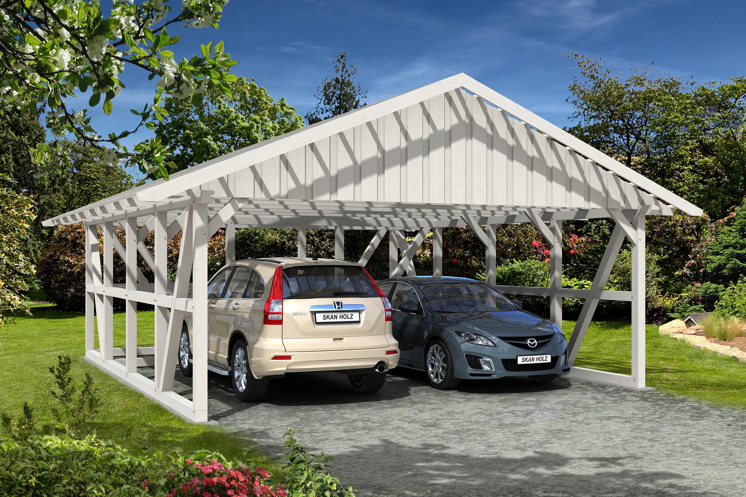 Carport Schwarzwald 684 x 772 cm, met bergruimte 560cm, met daklatten, gelakt in wit