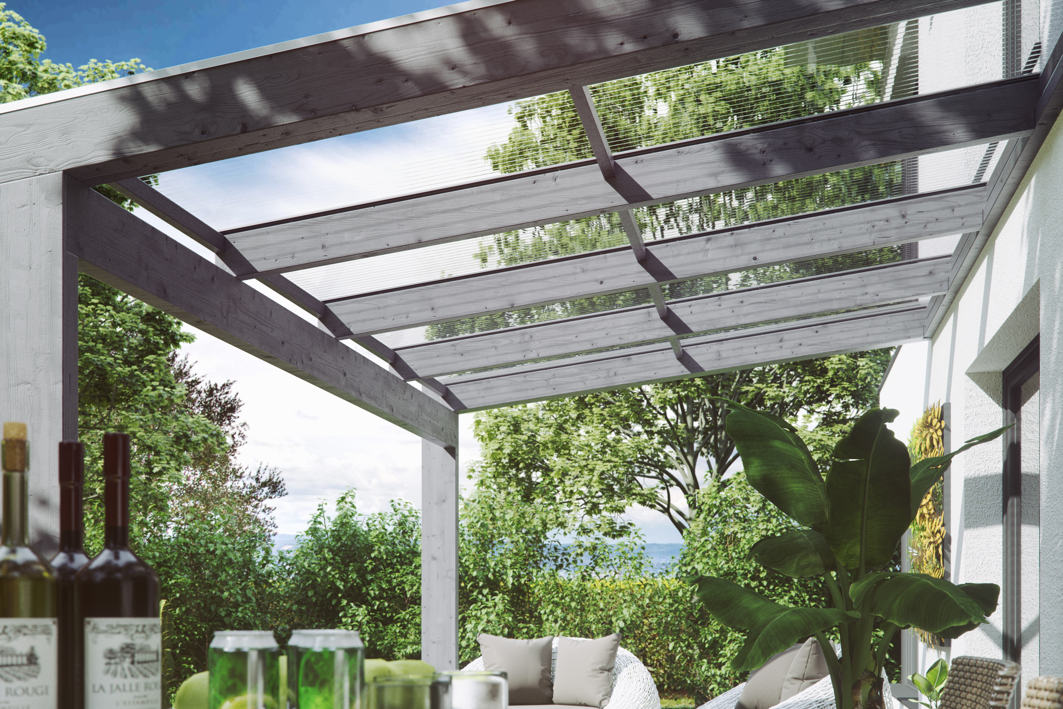 Seitenansicht einer Terrassenüberdachung Novara farblich behandelt in schiefergrau