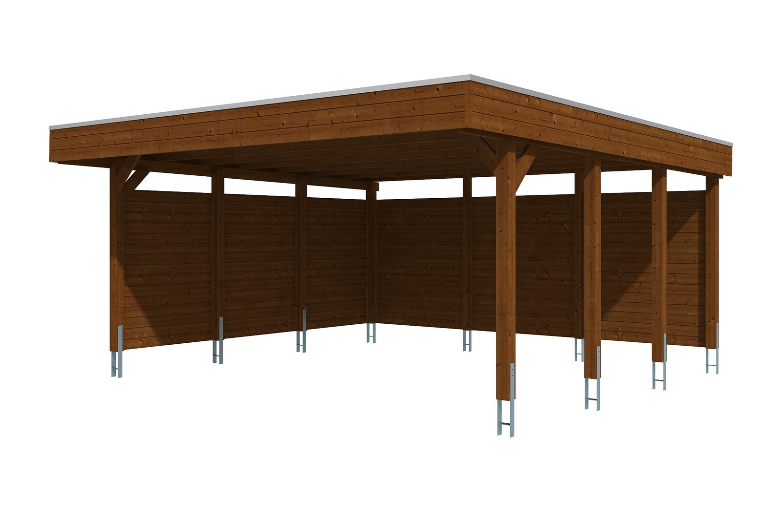 Carport Friesland Set 3 557 x 555 cm, met zij- en achterwand, gelakt in noten, met Aluminium dakplaten