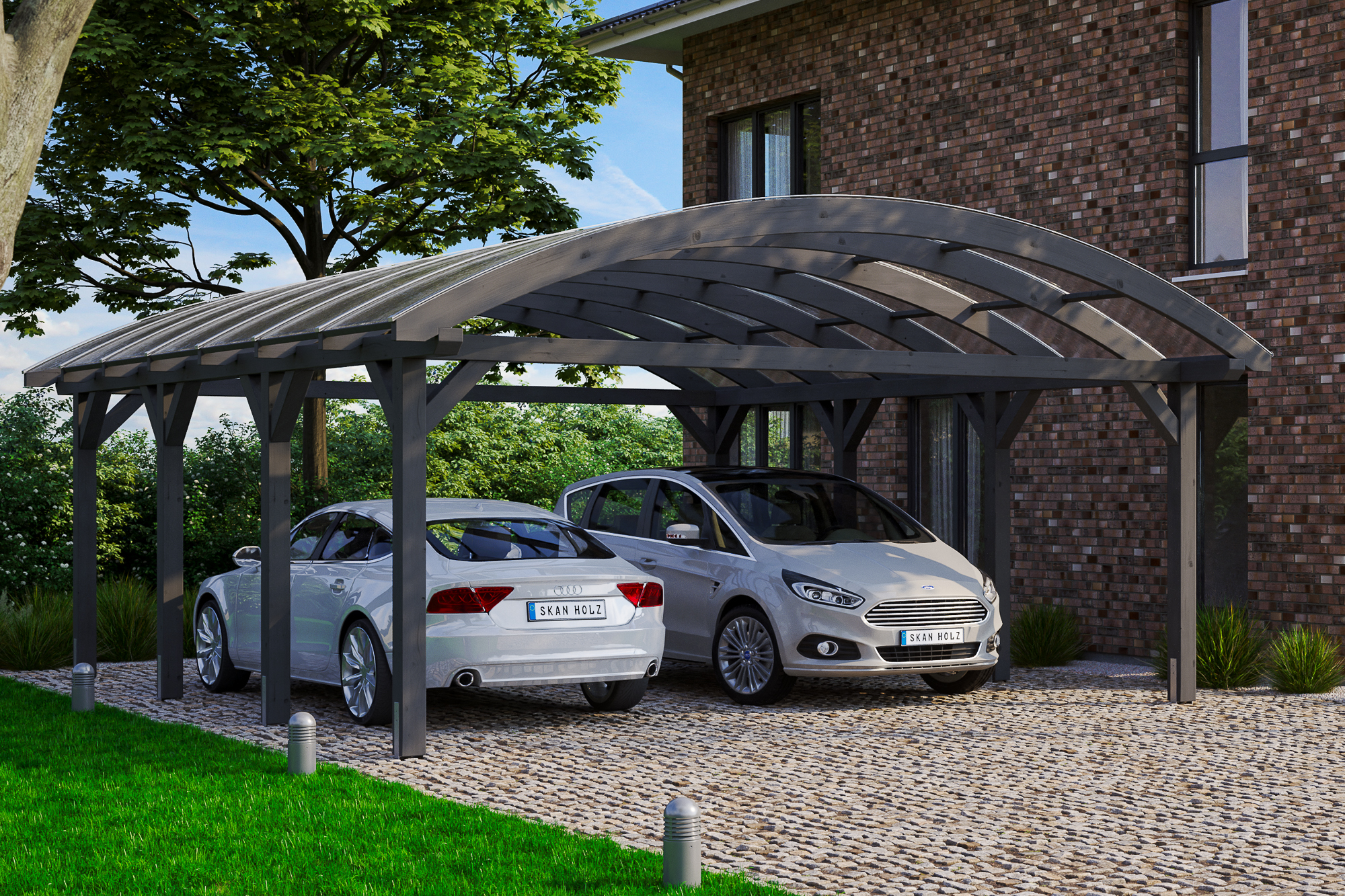 Carport Franken 635 x 755 cm, gelakt in leigrijs, met polycarbonaatplaten