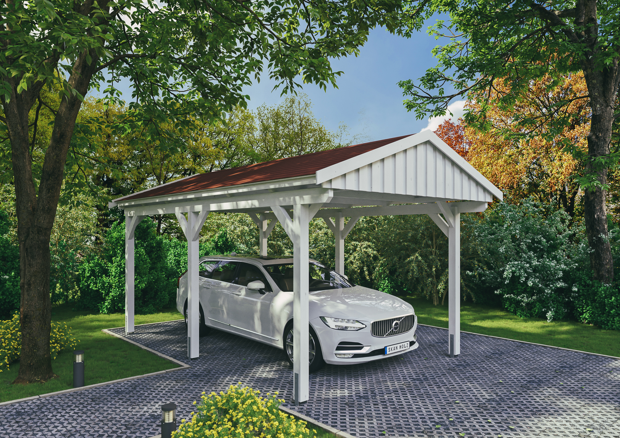 Ambientebild: Carport Fichtelberg 317 x 566 cm, farblich behandelt in weiß, mit roten Dachschindeln