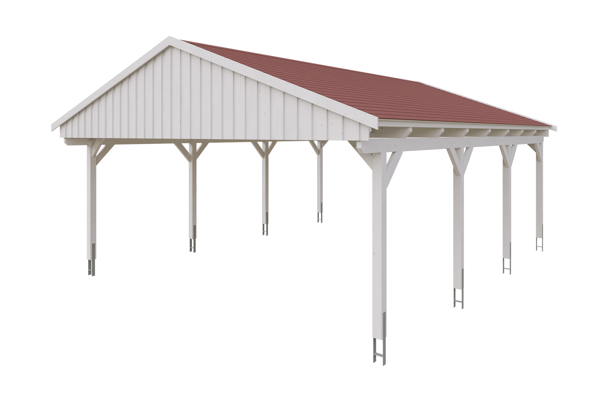 Produktbild: Carport Fichtelberg 618 x 808 cm, farblich behandelt in weiß, mit roten Dachschindeln