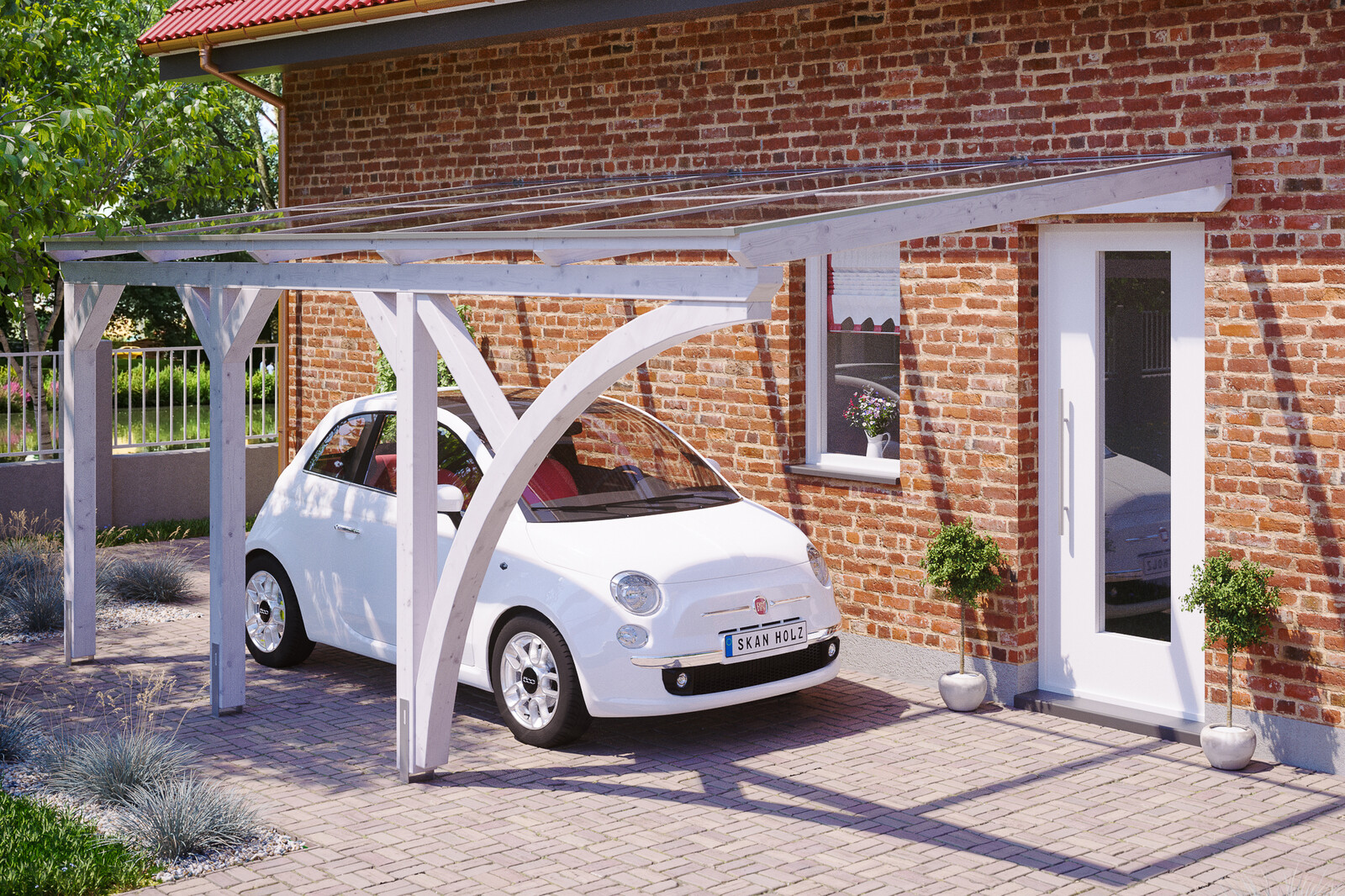 Carport EIFEL 541x300cm, bois lamellé-collé, traitement coloré blanc