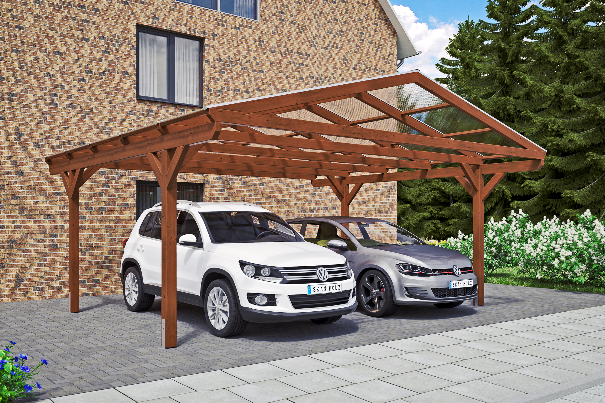 Ambientebild: Carport Westerwald 570 x 541 cm, farblich behandelt in nussbaum