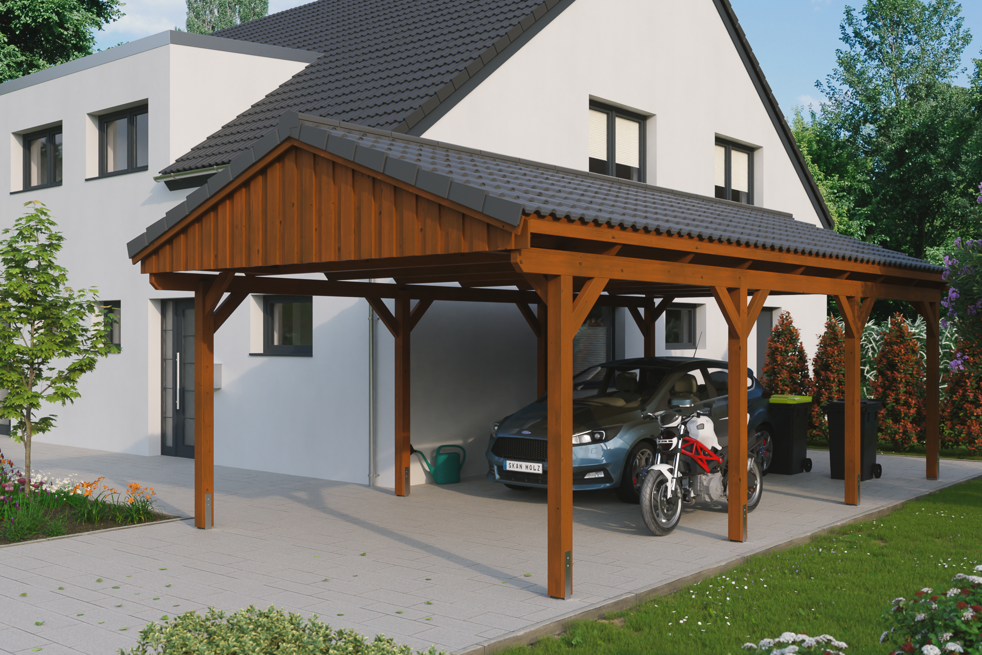 Ambientebild: Carport Fichtelberg 423 x 808 cm, farblich behandelt in nussbaum, mit Dachziegeln