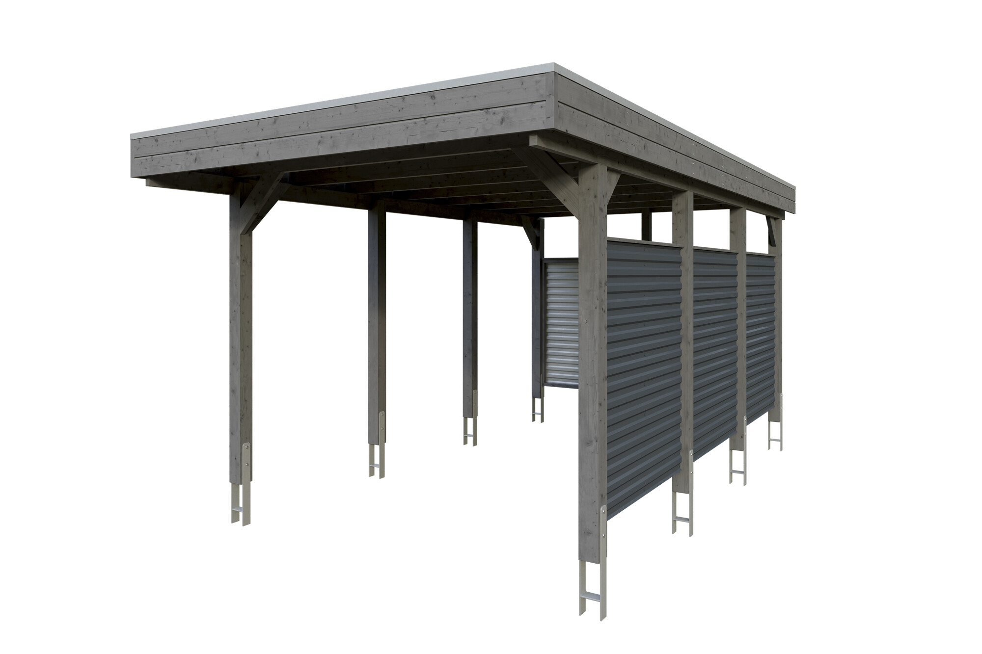 Carport Friesland Hybrid Set 11, 314 x 555 cm, met zij- en achterwand, gelakt in leigrijs, met Aluminium dakplaten