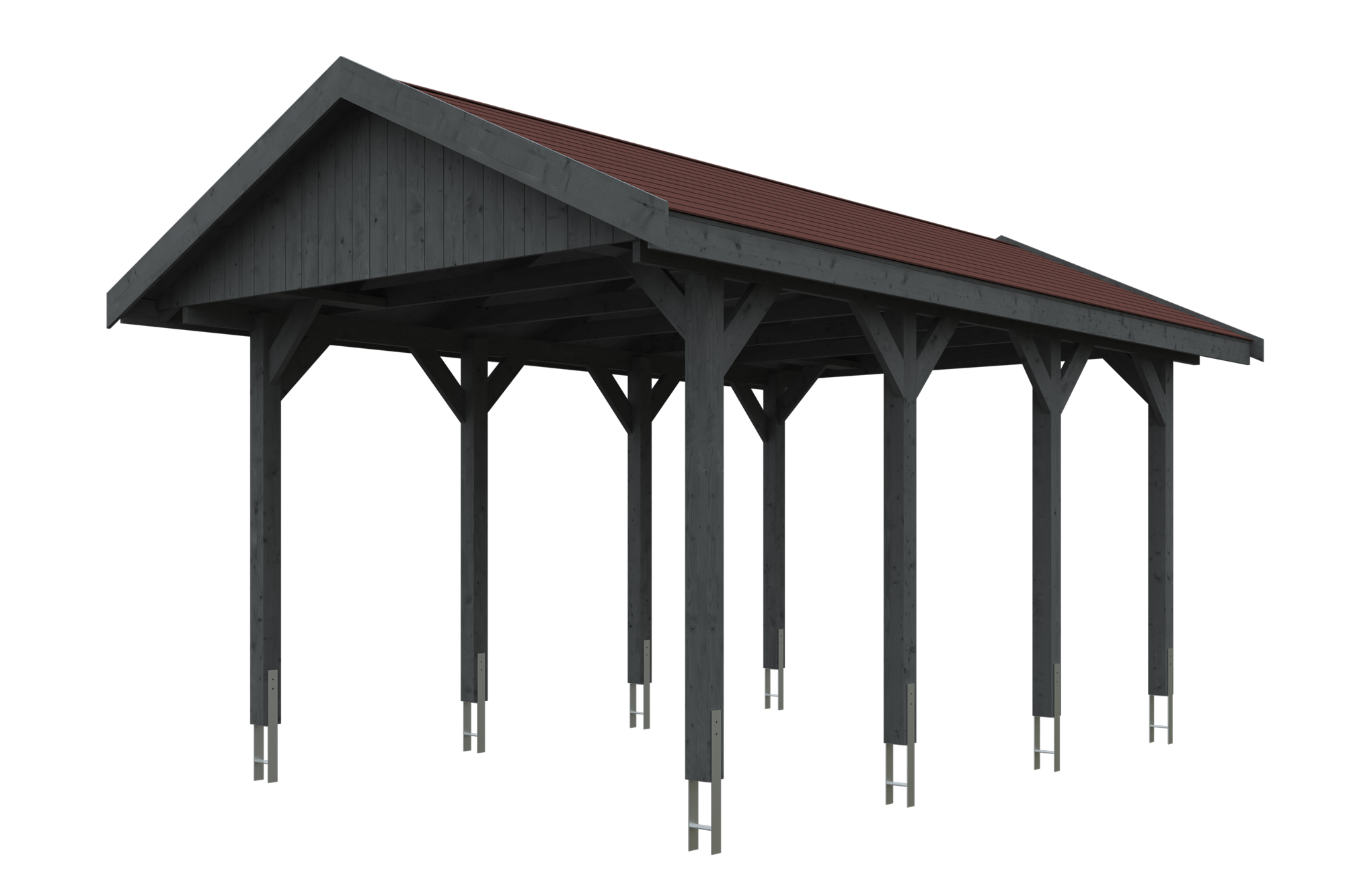 Produktbild: Carport Wallgau 380 x 600 cm, mit roten Dachschindeln, farblich behandelt in schiefergrau