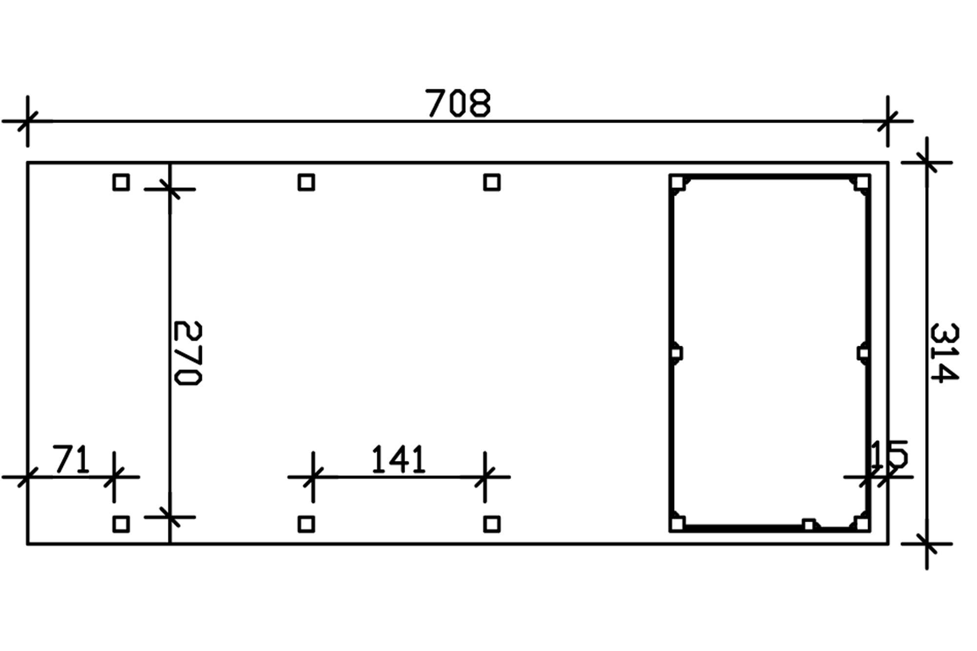 Grafik (Grundriss): Carport Friesland 314 x 708 cm mit Abstellraum