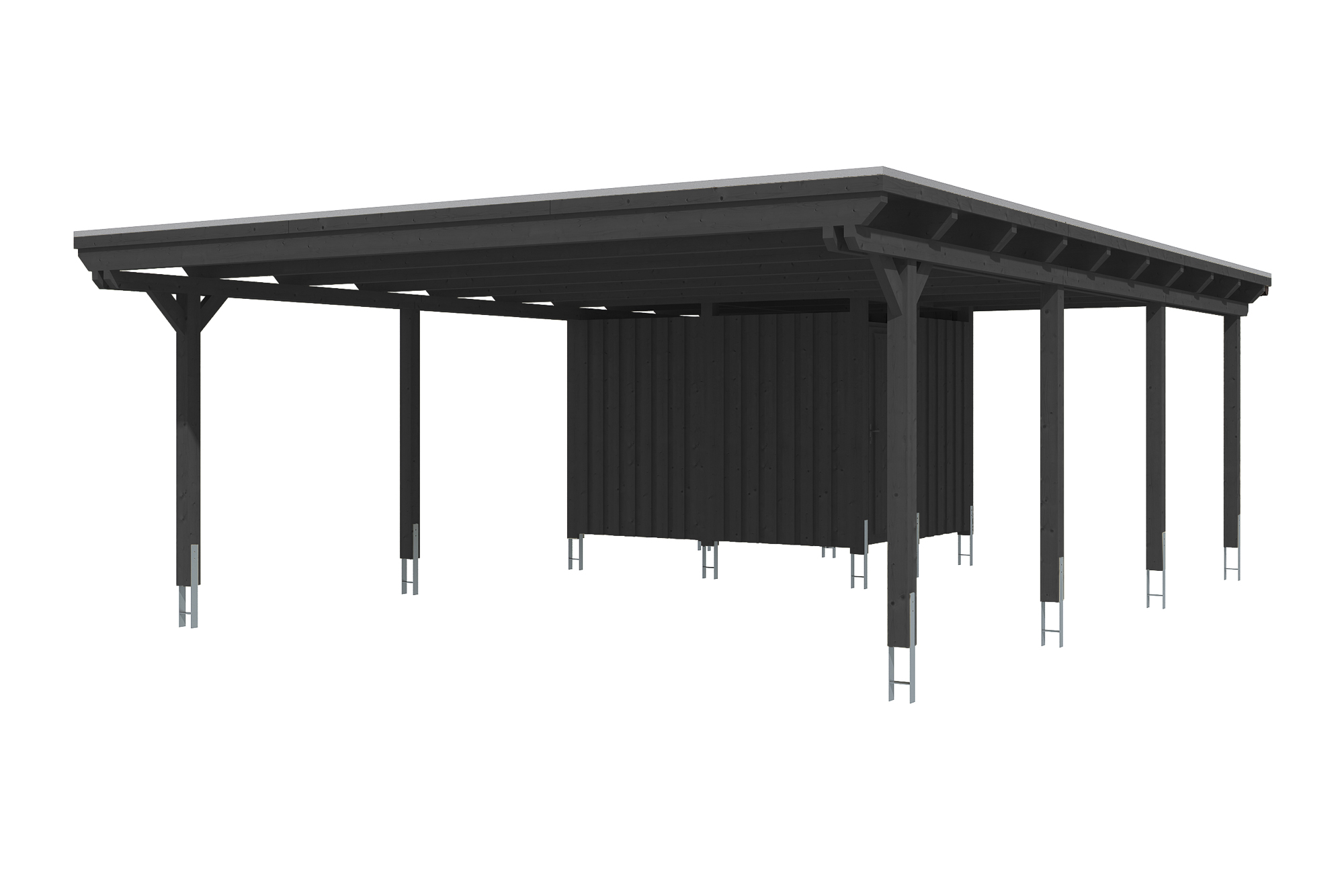 Carport Emsland 613 x 846 cm met bergruimte, gelakt in antraciet, met dakbetimmering en EPDM-folie